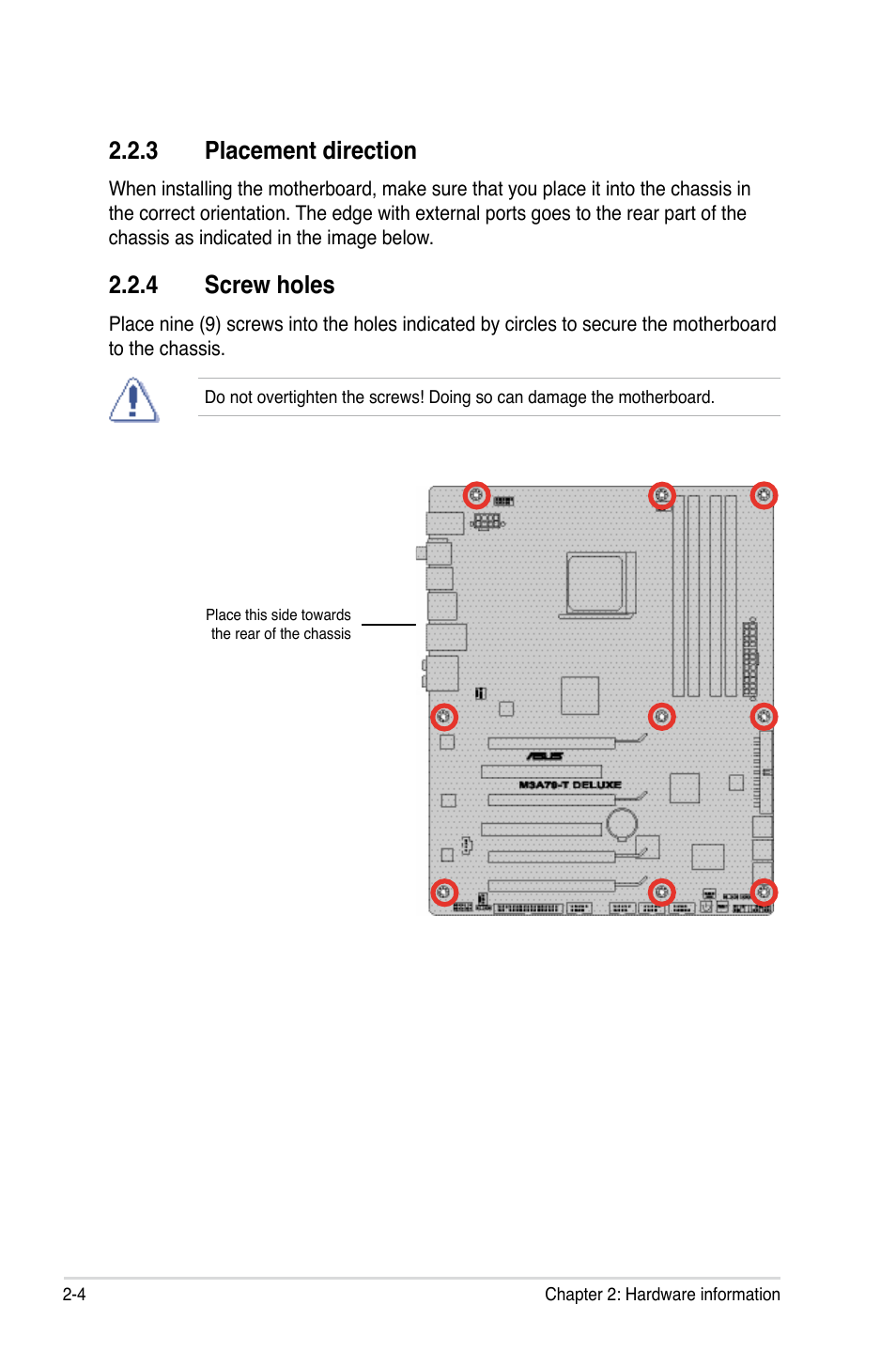 3 placement direction, 4 screw holes, Placement direction -4 | Screw holes -4 | Asus M3A79-T Deluxe User Manual | Page 30 / 164