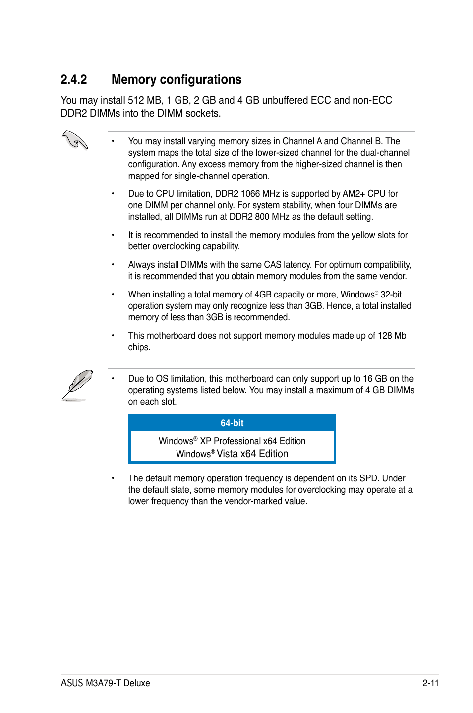 2 memory configurations, Memory configurations -11 | Asus M3A79-T Deluxe User Manual | Page 37 / 164