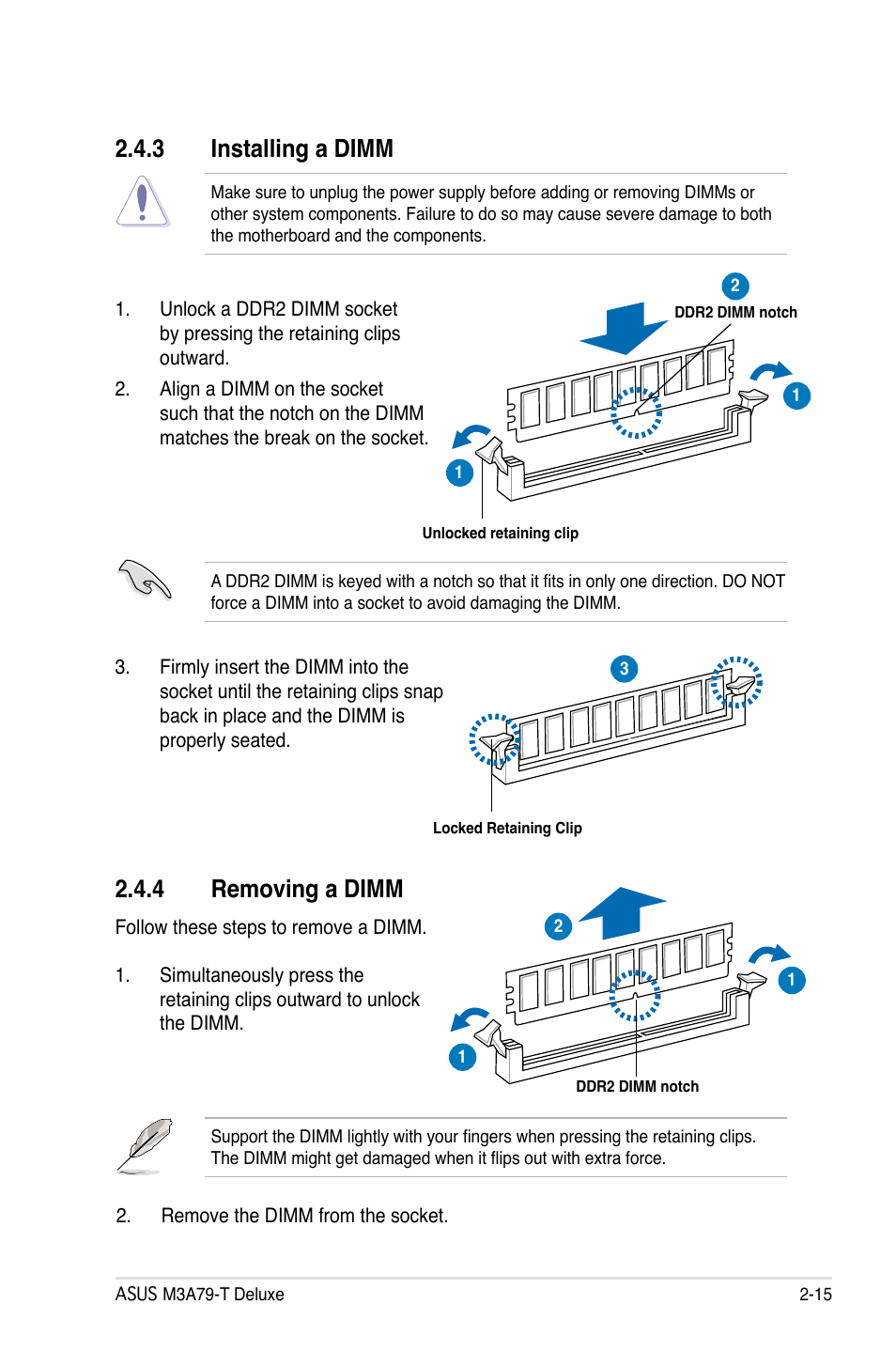 3 installing a dimm, 4 removing a dimm, Installing a dimm -15 | Removing a dimm -15 | Asus M3A79-T Deluxe User Manual | Page 41 / 164