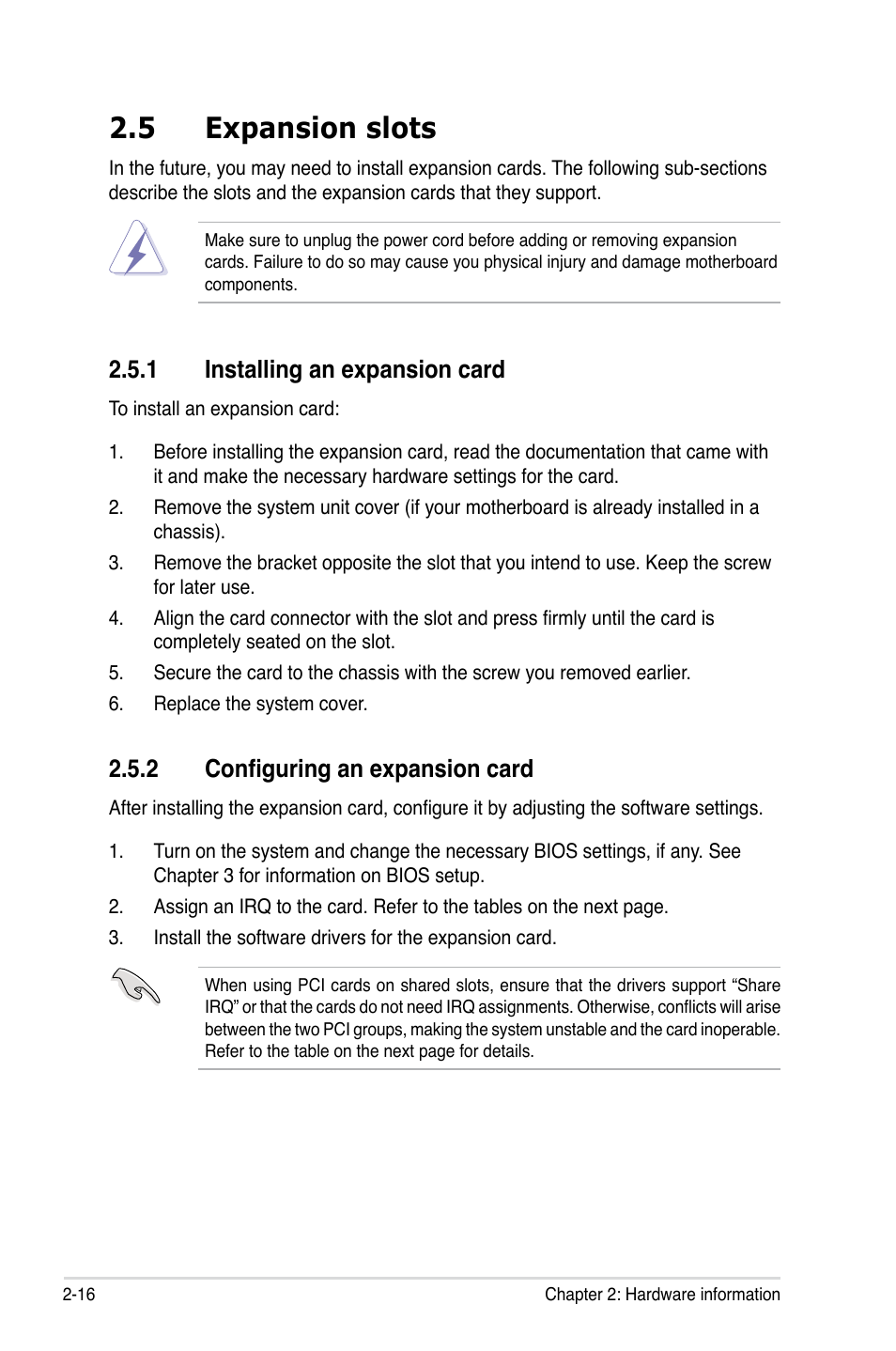 5 expansion slots, 1 installing an expansion card, 2 configuring an expansion card | Expansion slots -16 2.5.1, Installing an expansion card -16, Configuring an expansion card -16 | Asus M3A79-T Deluxe User Manual | Page 42 / 164