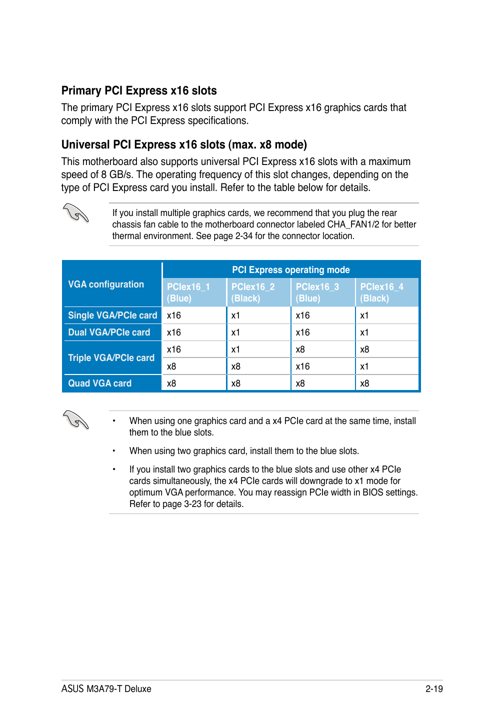 Primary pci express x16 slots, Universal pci express x16 slots (max. x8 mode) | Asus M3A79-T Deluxe User Manual | Page 45 / 164