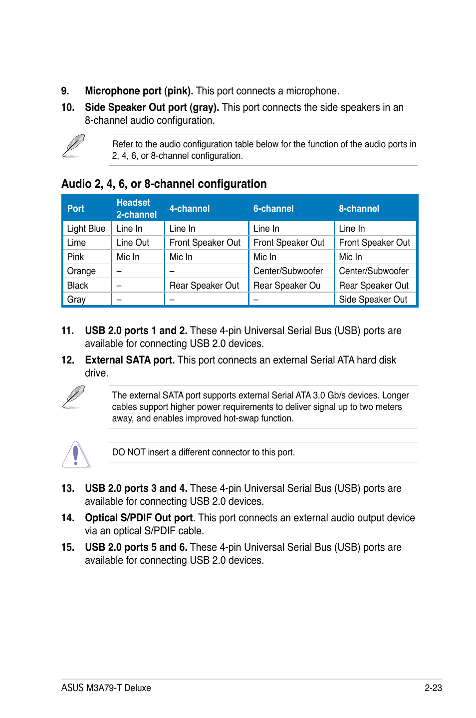 Audio 2, 4, 6, or 8-channel configuration | Asus M3A79-T Deluxe User Manual | Page 49 / 164