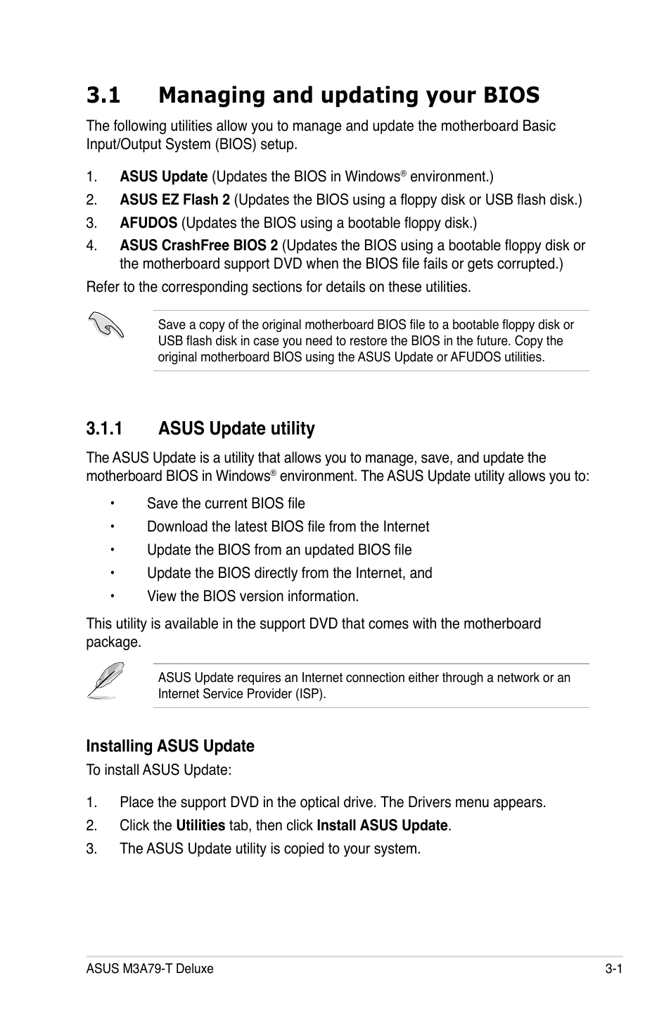 1 managing and updating your bios, 1 asus update utility, Managing and updating your bios -1 3.1.1 | Asus update utility -1 | Asus M3A79-T Deluxe User Manual | Page 65 / 164