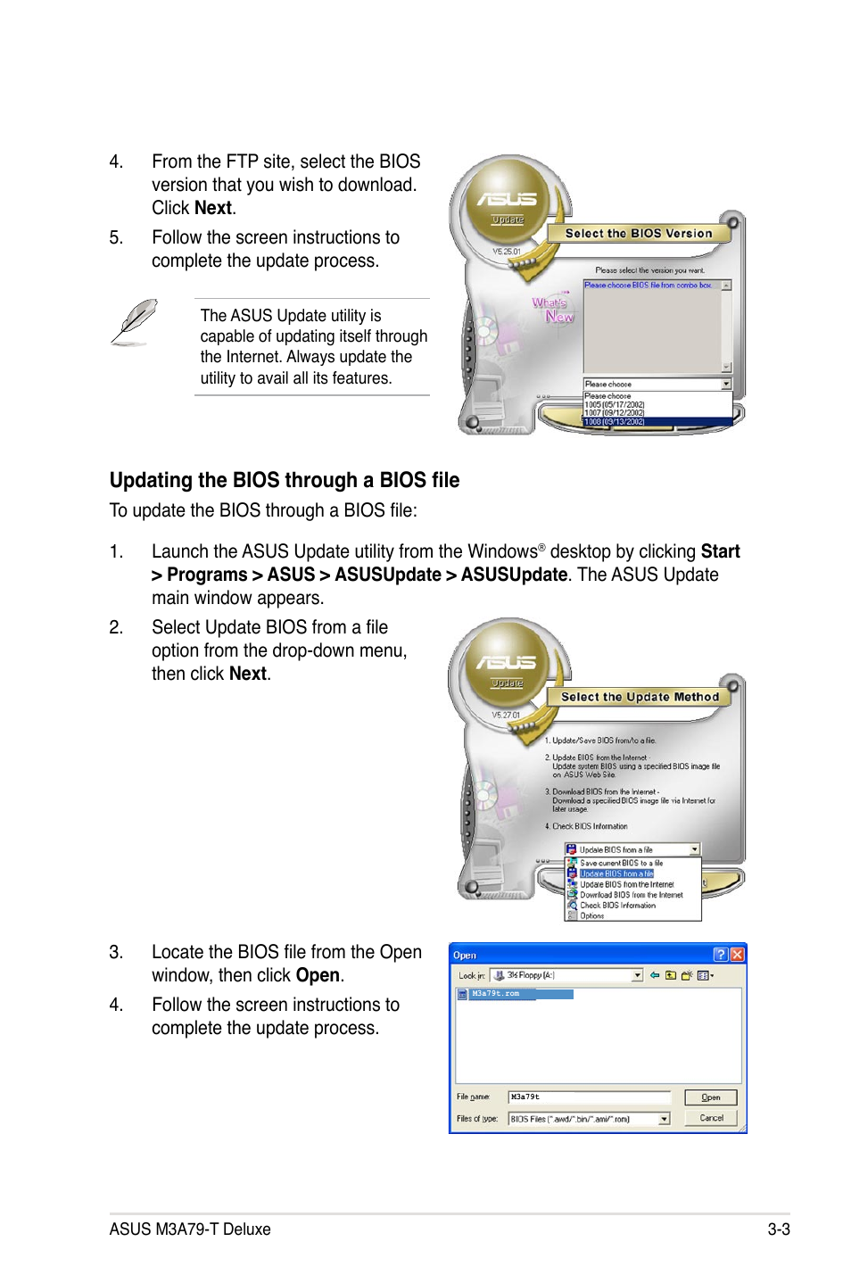 Updating the bios through a bios file | Asus M3A79-T Deluxe User Manual | Page 67 / 164