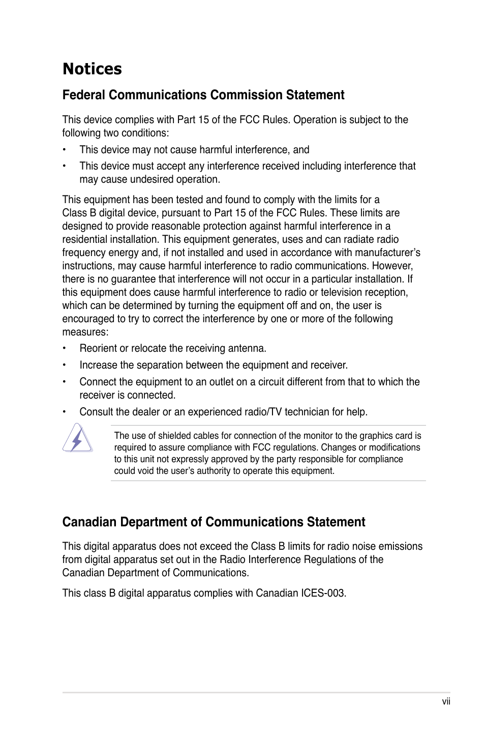 Notices, Federal communications commission statement, Canadian department of communications statement | Asus M3A79-T Deluxe User Manual | Page 7 / 164