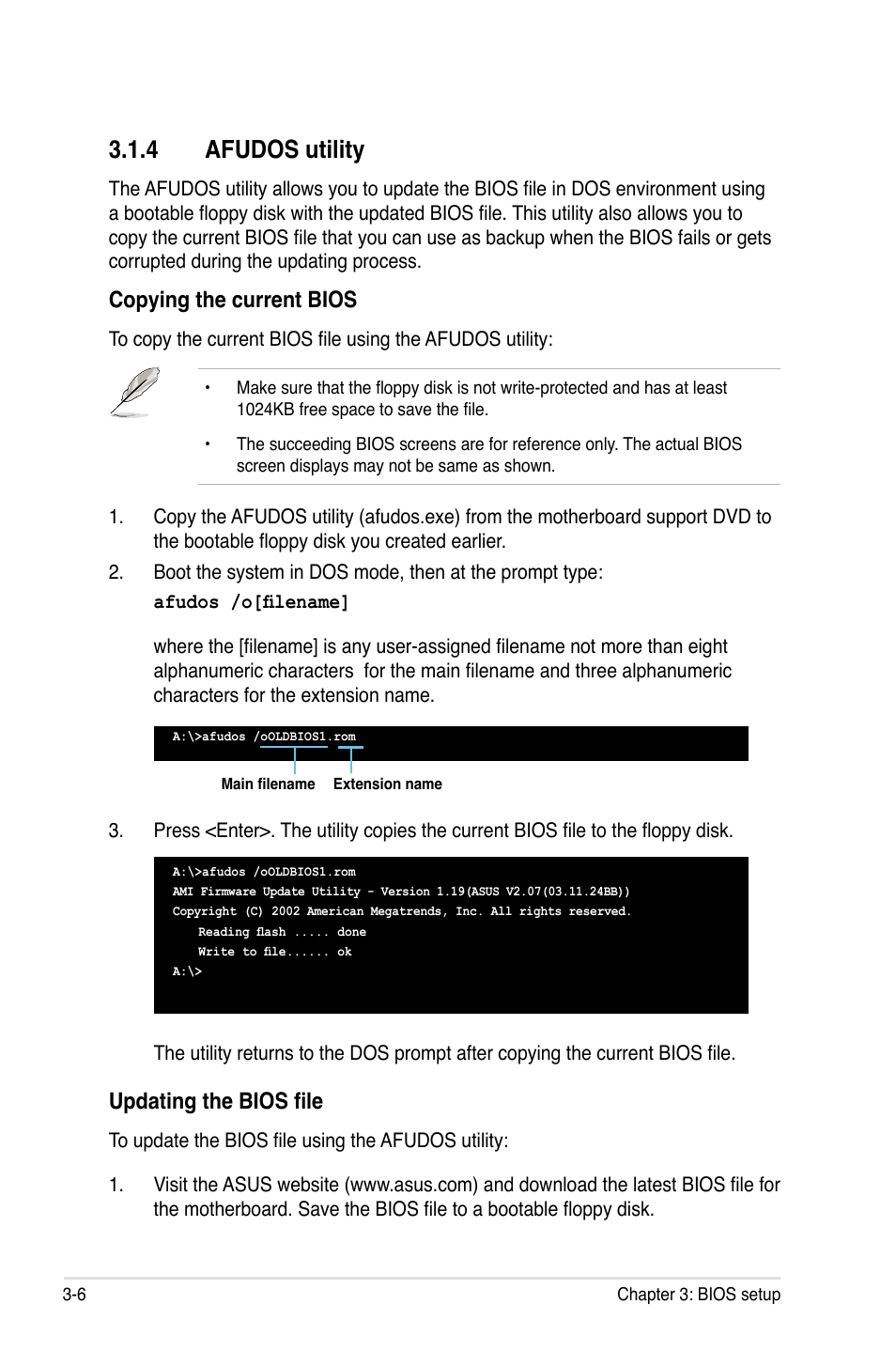 4 afudos utility, Afudos utility -6, Copying the current bios | Updating the bios file | Asus M3A79-T Deluxe User Manual | Page 70 / 164