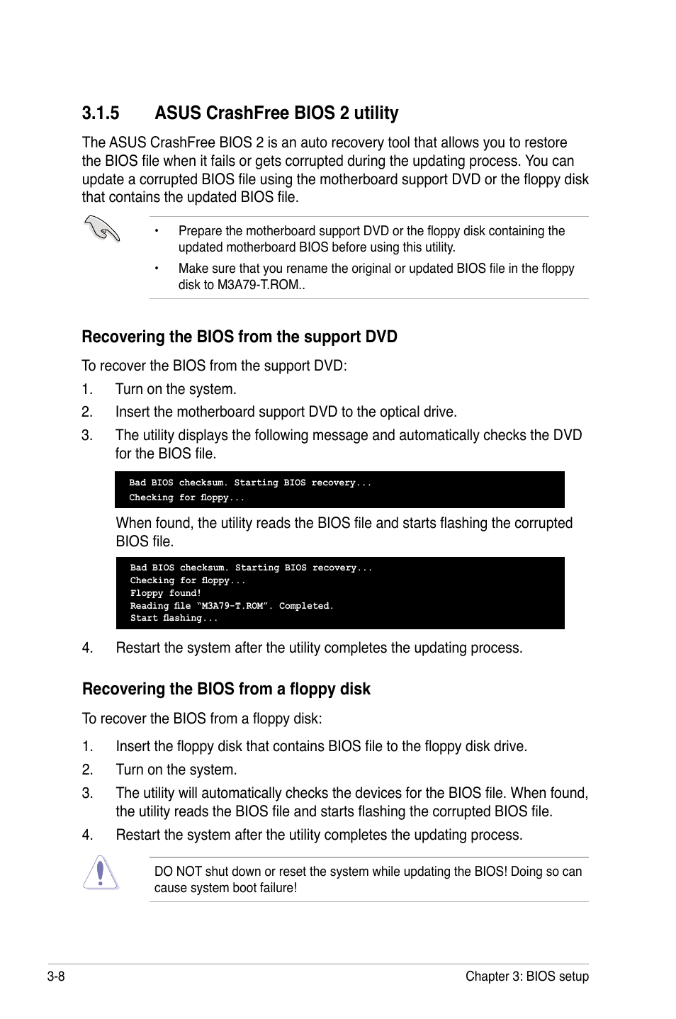 5 asus crashfree bios 2 utility, Asus crashfree bios 2 utility -8, Recovering the bios from the support dvd | Recovering the bios from a floppy disk | Asus M3A79-T Deluxe User Manual | Page 72 / 164