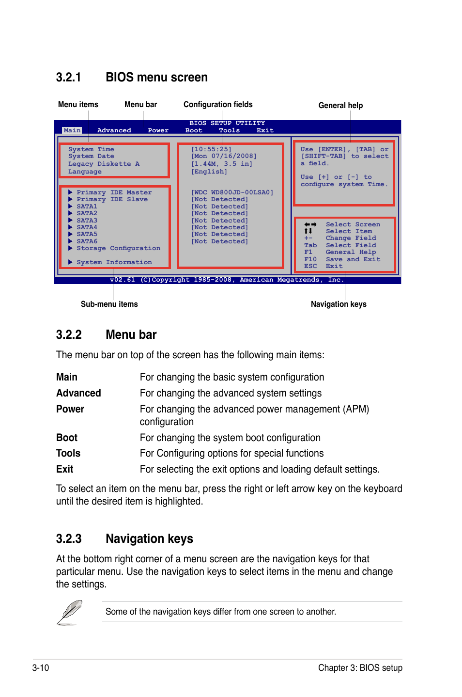 1 bios menu screen, 2 menu bar, 3 navigation keys | Bios menu screen -10, Menu bar -10, Navigation keys -10 | Asus M3A79-T Deluxe User Manual | Page 74 / 164