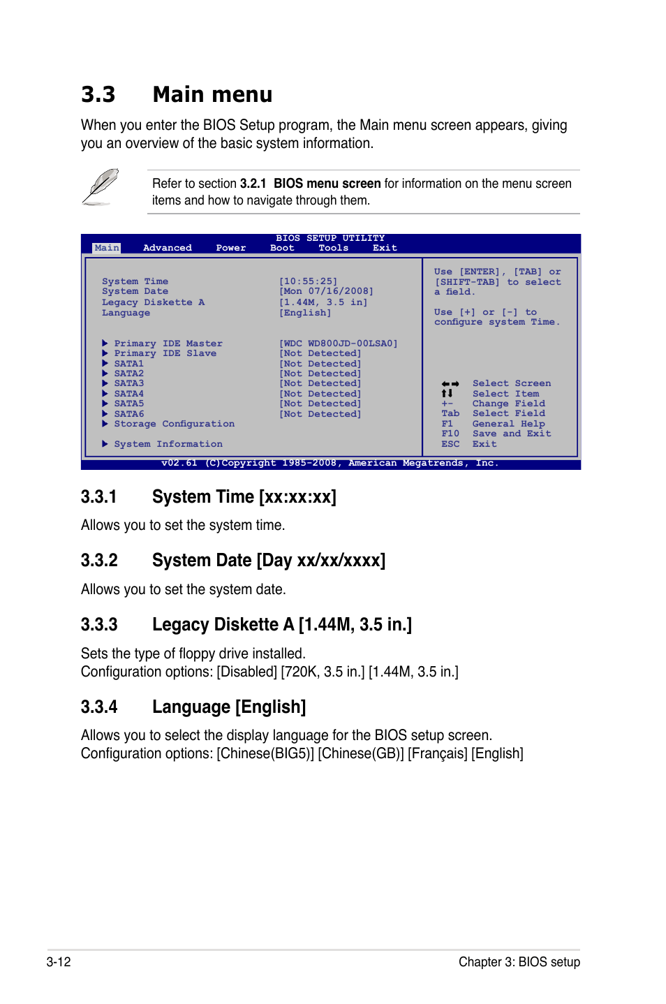 3 main menu, 1 system time [xx:xx:xx, 2 system date [day xx/xx/xxxx | 3 legacy diskette a [1.44m, 3.5 in, 4 language [english, Main menu -12 3.3.1, System time -12, System date -12, Legacy diskette a -12, Language -12 | Asus M3A79-T Deluxe User Manual | Page 76 / 164