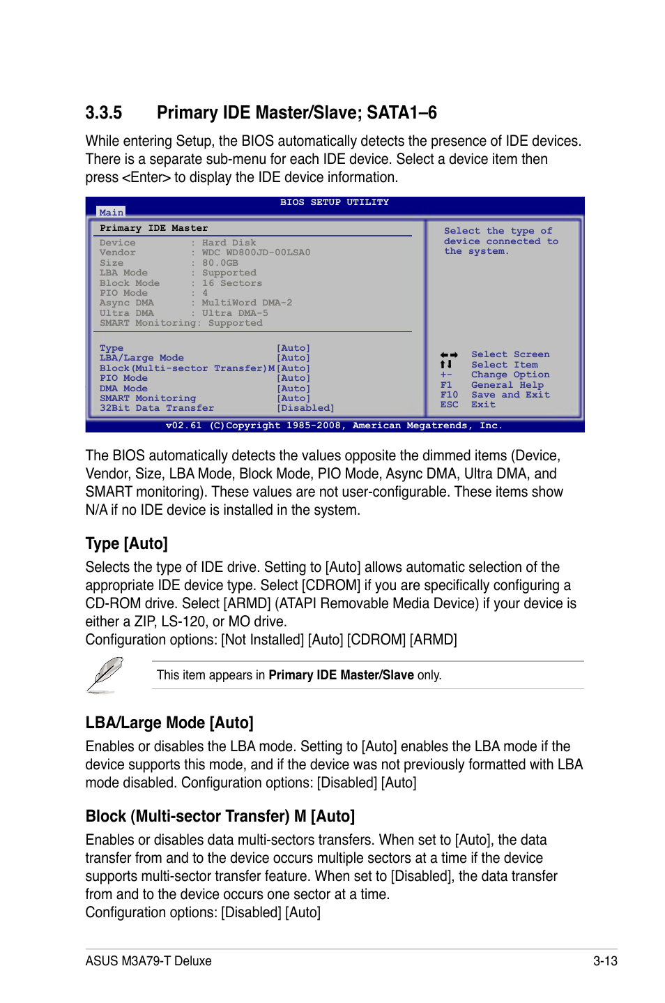 5 primary ide master/slave; sata1–6, Primary ide master/slave; sata1–6 -13, Type [auto | Lba/large mode [auto, Block (multi-sector transfer) m [auto | Asus M3A79-T Deluxe User Manual | Page 77 / 164