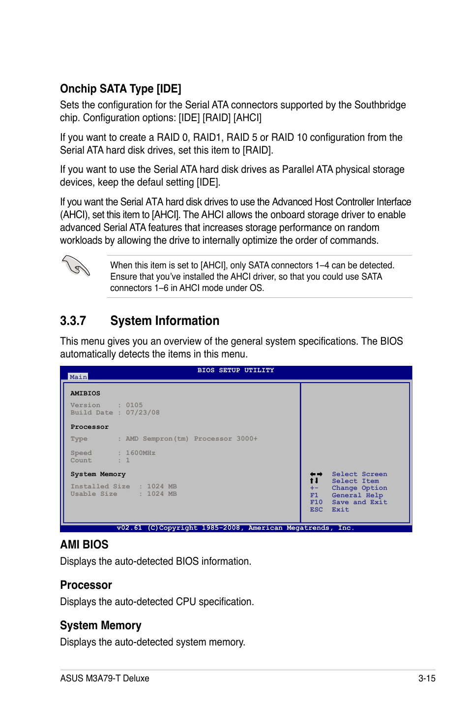 7 system information, System information -15, Ami bios | Processor, Onchip sata type [ide | Asus M3A79-T Deluxe User Manual | Page 79 / 164