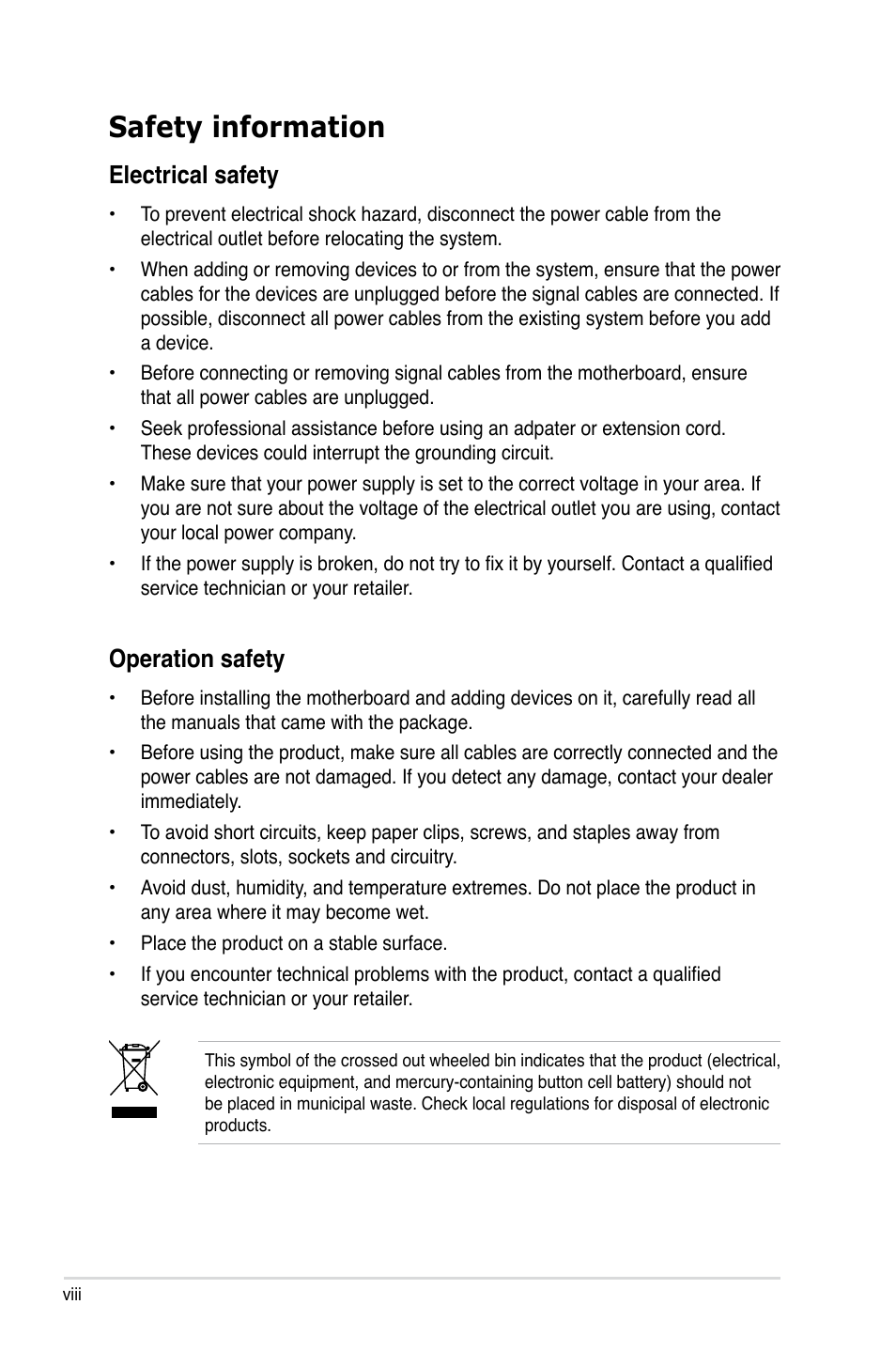 Safety information, Electrical safety, Operation safety | Asus M3A79-T Deluxe User Manual | Page 8 / 164