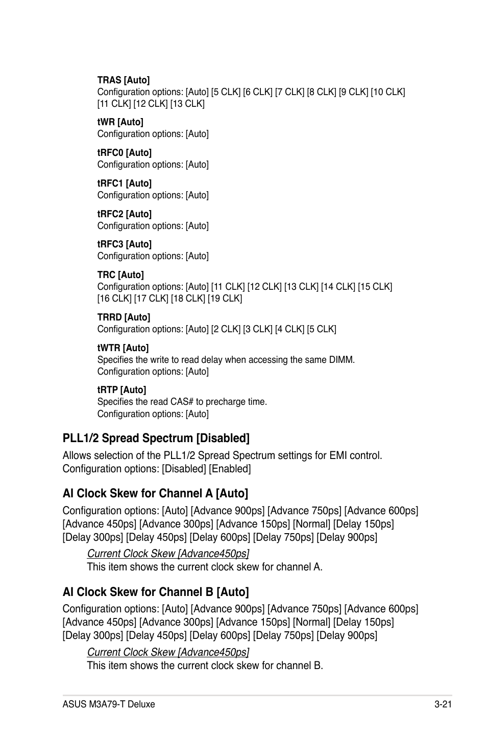 Pll1/2 spread spectrum [disabled, Ai clock skew for channel a [auto, Ai clock skew for channel b [auto | Asus M3A79-T Deluxe User Manual | Page 85 / 164