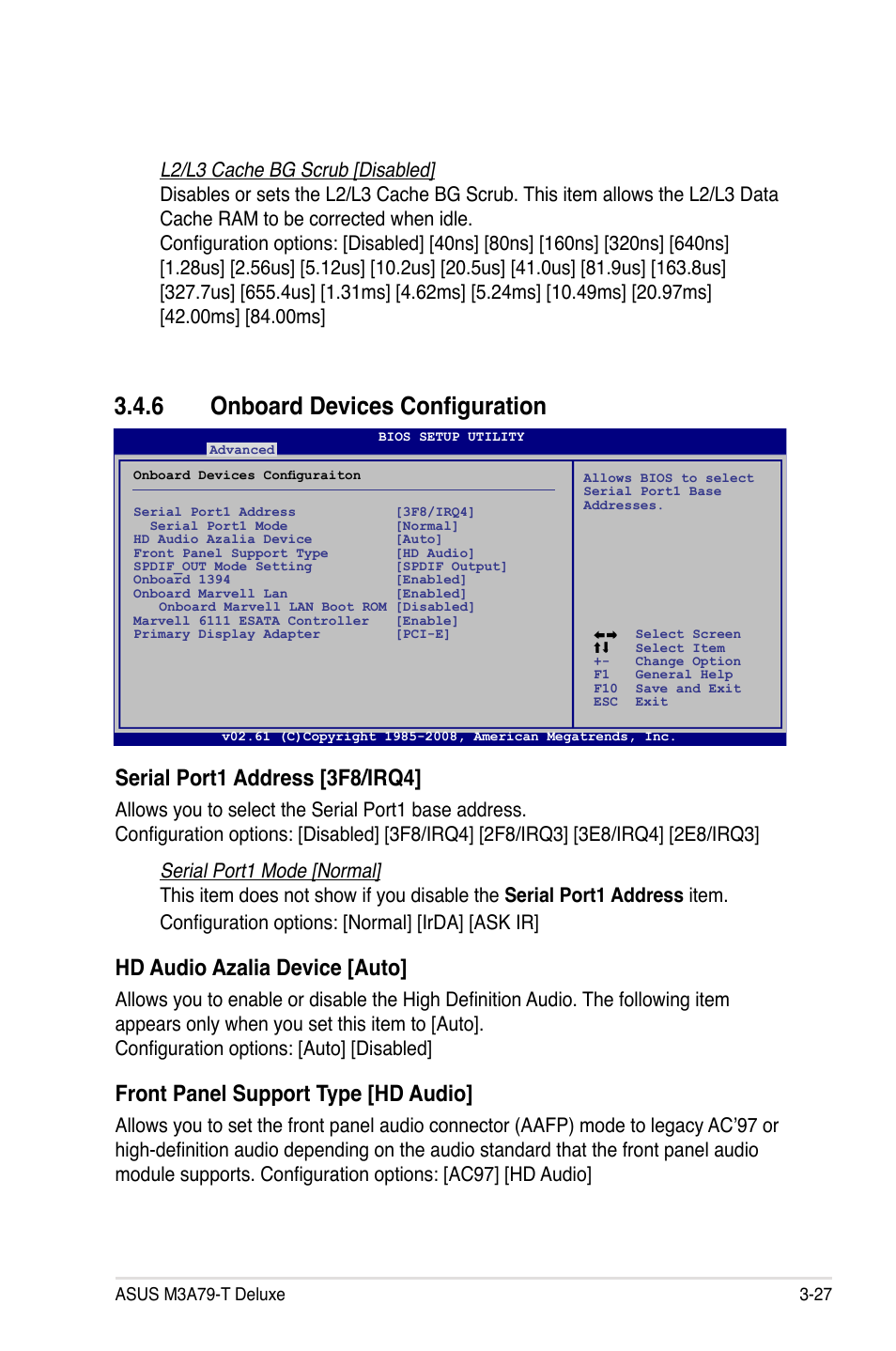 6 onboard devices configuration, Onboard devices configuration -27, Serial port1 address [3f8/irq4 | Hd audio azalia device [auto, Front panel support type [hd audio | Asus M3A79-T Deluxe User Manual | Page 91 / 164