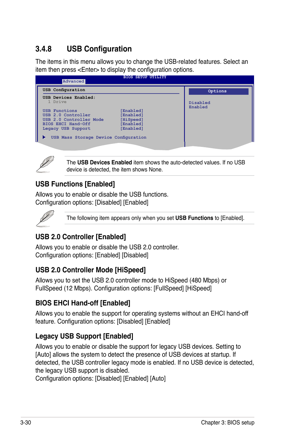 8 usb configuration, Usb configuration -30, Usb functions [enabled | Usb 2.0 controller [enabled, Usb 2.0 controller mode [hispeed, Bios ehci hand-off [enabled, Legacy usb support [enabled | Asus M3A79-T Deluxe User Manual | Page 94 / 164