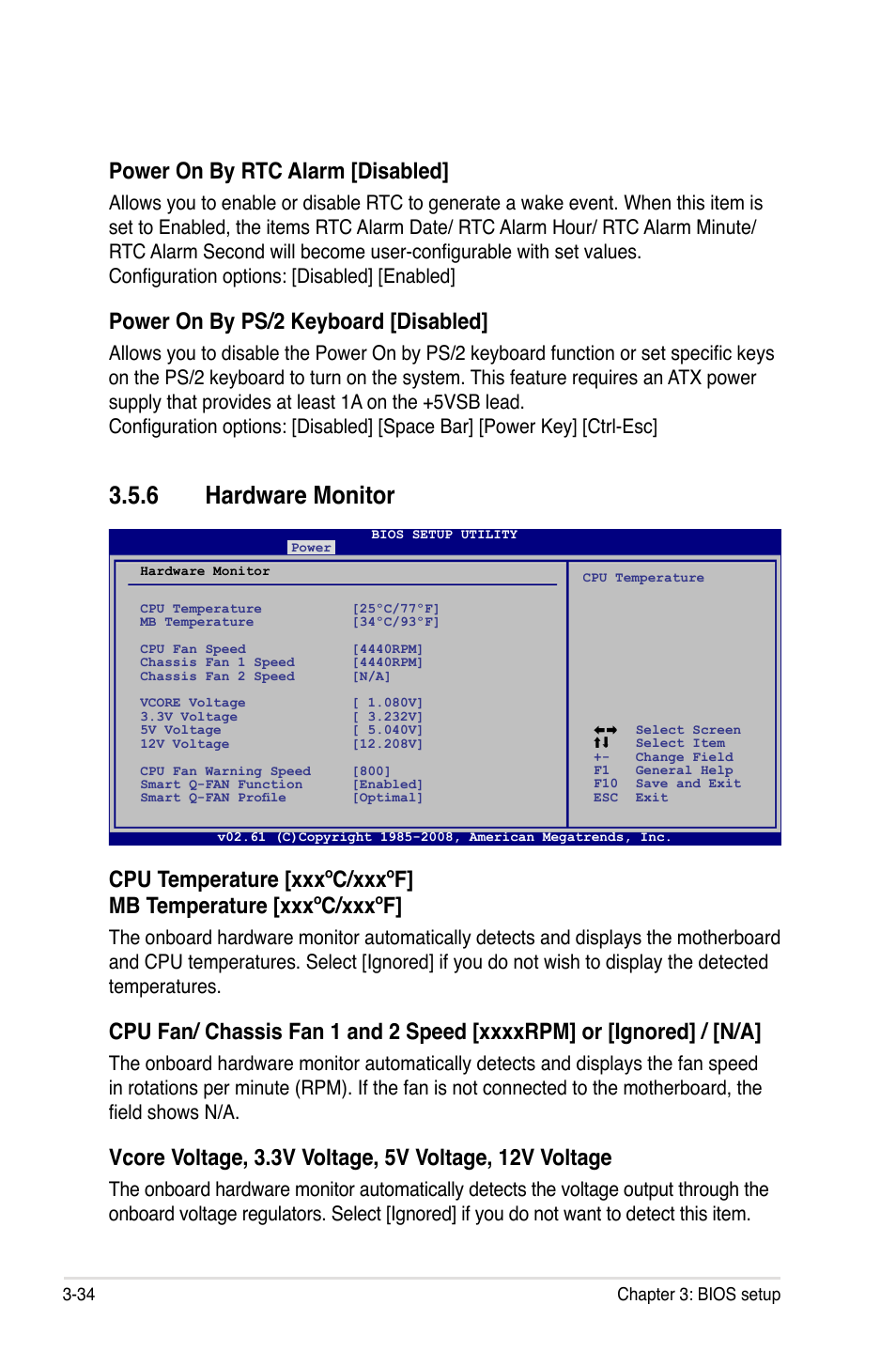 6 hardware monitor, Hardware monitor -34, Power on by rtc alarm [disabled | Power on by ps/2 keyboard [disabled | Asus M3A79-T Deluxe User Manual | Page 98 / 164