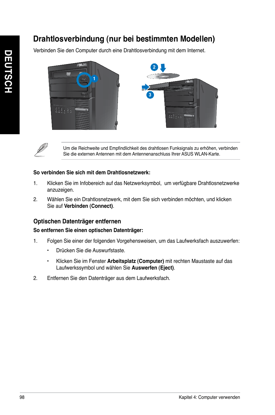 Drahtlosverbindung (nur bei bestimmten modellen), De ut sc h de ut sc h de ut sc h de ut sc h | Asus BM1845 User Manual | Page 100 / 644