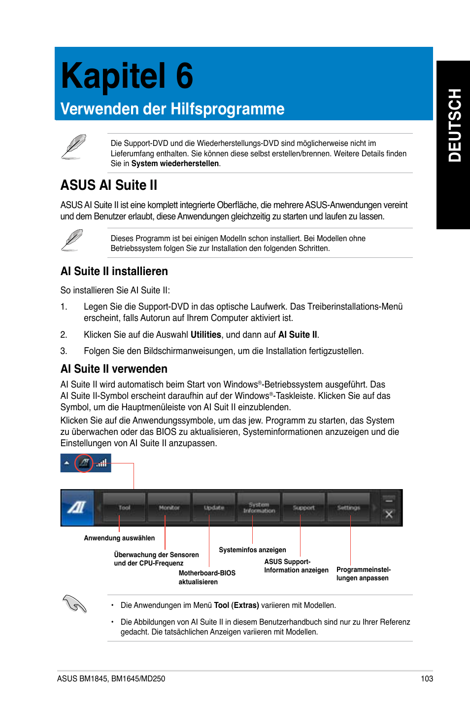 Kapitel 6, Verwenden der hilfsprogramme, Asus ai suite ii | Kapitel.6, Erwenden.der.hilfsprogramme, De ut sc h de ut sc h, Asus.ai.suite.ii | Asus BM1845 User Manual | Page 105 / 644