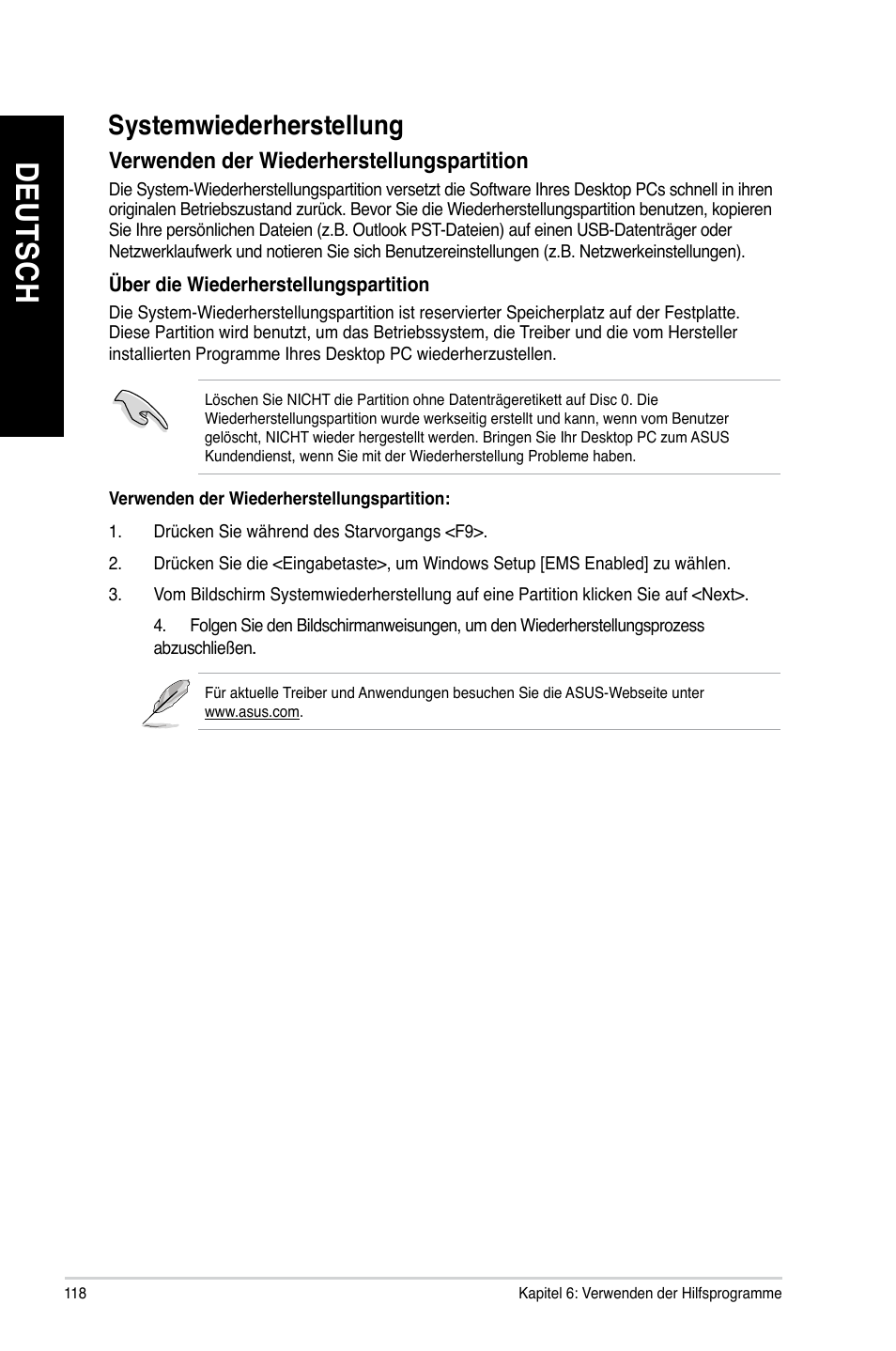 Systemwiederherstellung, De ut sc h de ut sc h de ut sc h de ut sc h | Asus BM1845 User Manual | Page 120 / 644