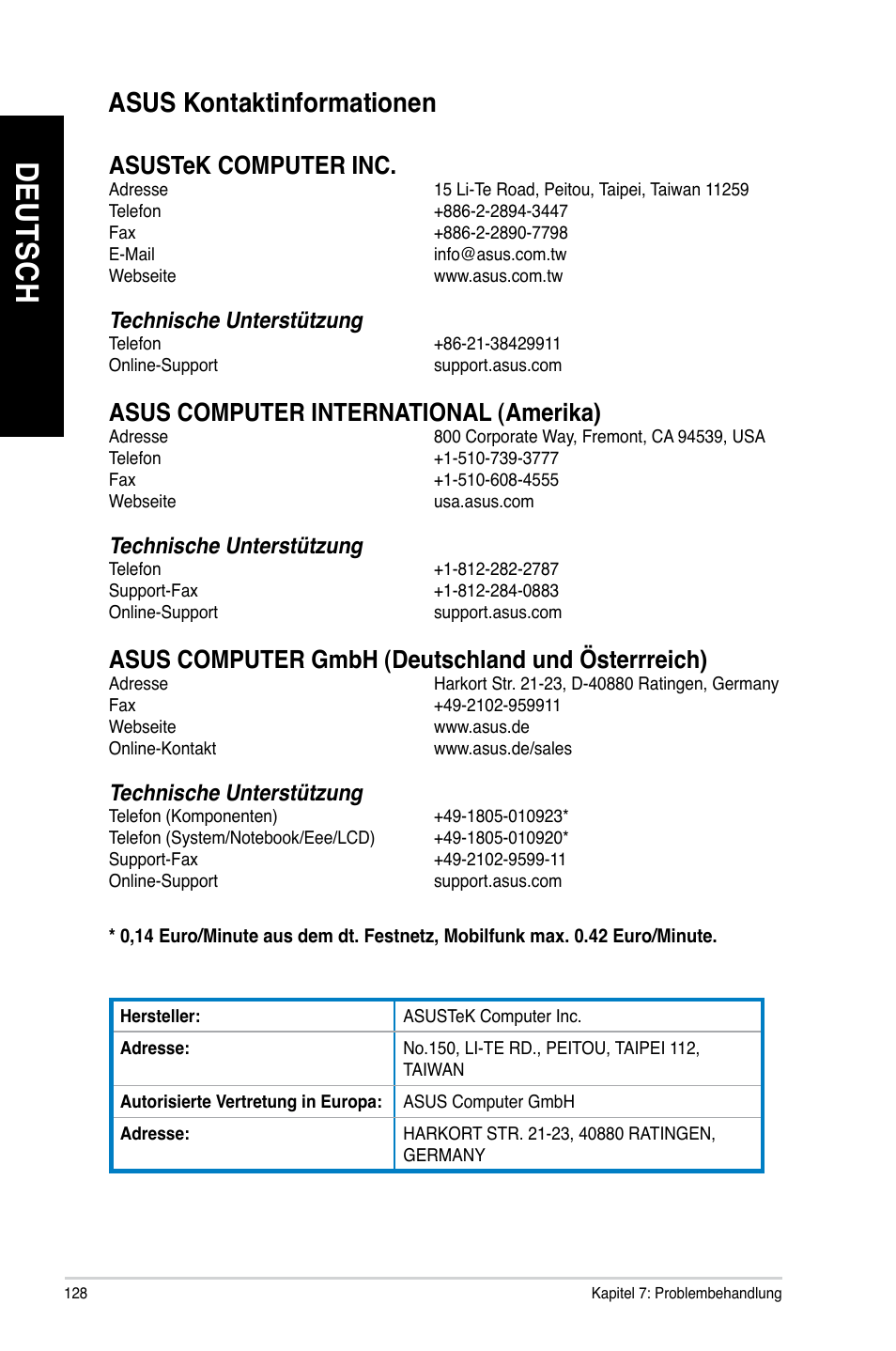 De ut sc h de ut sc h, Asus.kontaktinformationen, Technische.unterstützung | Asus BM1845 User Manual | Page 130 / 644