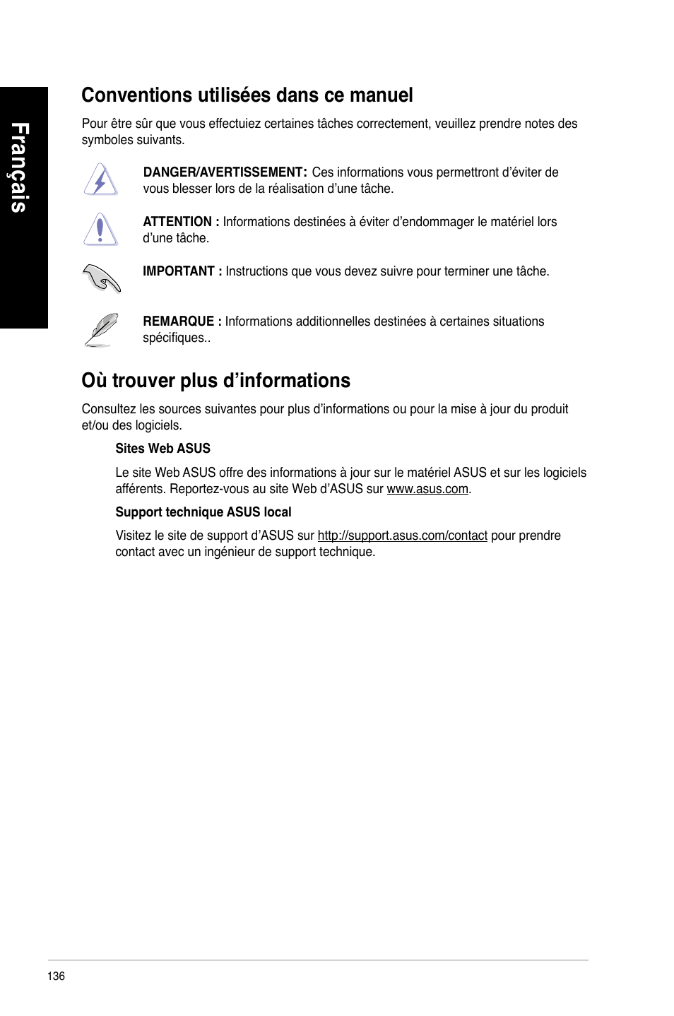 Conventions utilisées dans ce manuel, Où trouver plus d’informations, Fra nç ais fr an ça is fra nç ais fr an ça is | Asus BM1845 User Manual | Page 138 / 644