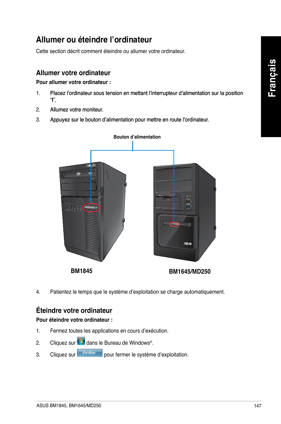 Allumer ou éteindre l’ordinateur, Fra nç ais fr an ça is | Asus BM1845 User Manual | Page 149 / 644