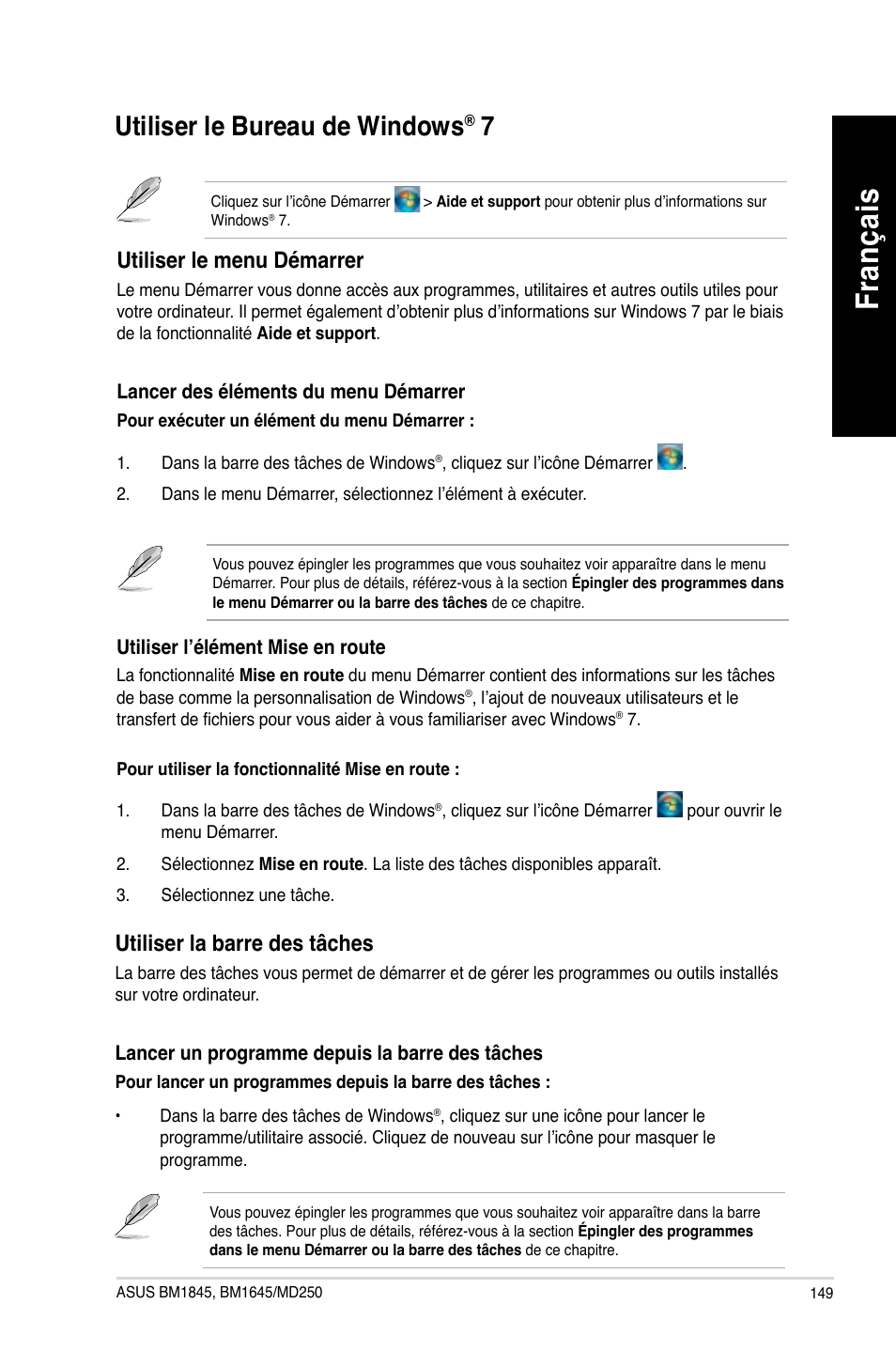 Utiliser le bureau de windows® 7, Utiliser le bureau de windows, Fra nç ais fr an ça is | Utiliser le menu démarrer, Utiliser la barre des tâches | Asus BM1845 User Manual | Page 151 / 644