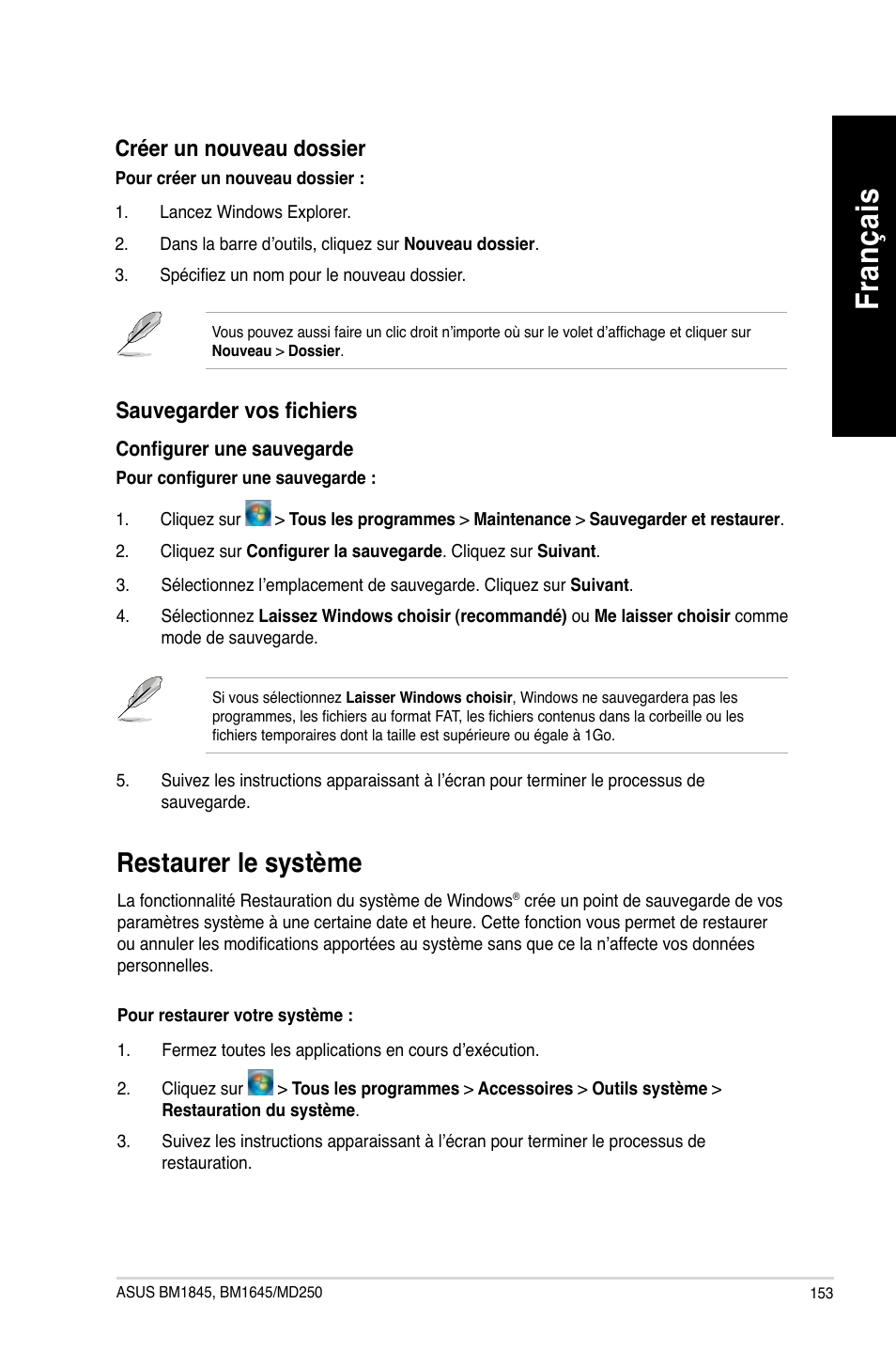 Restaurer le système, Fra nç ais fr an ça is | Asus BM1845 User Manual | Page 155 / 644