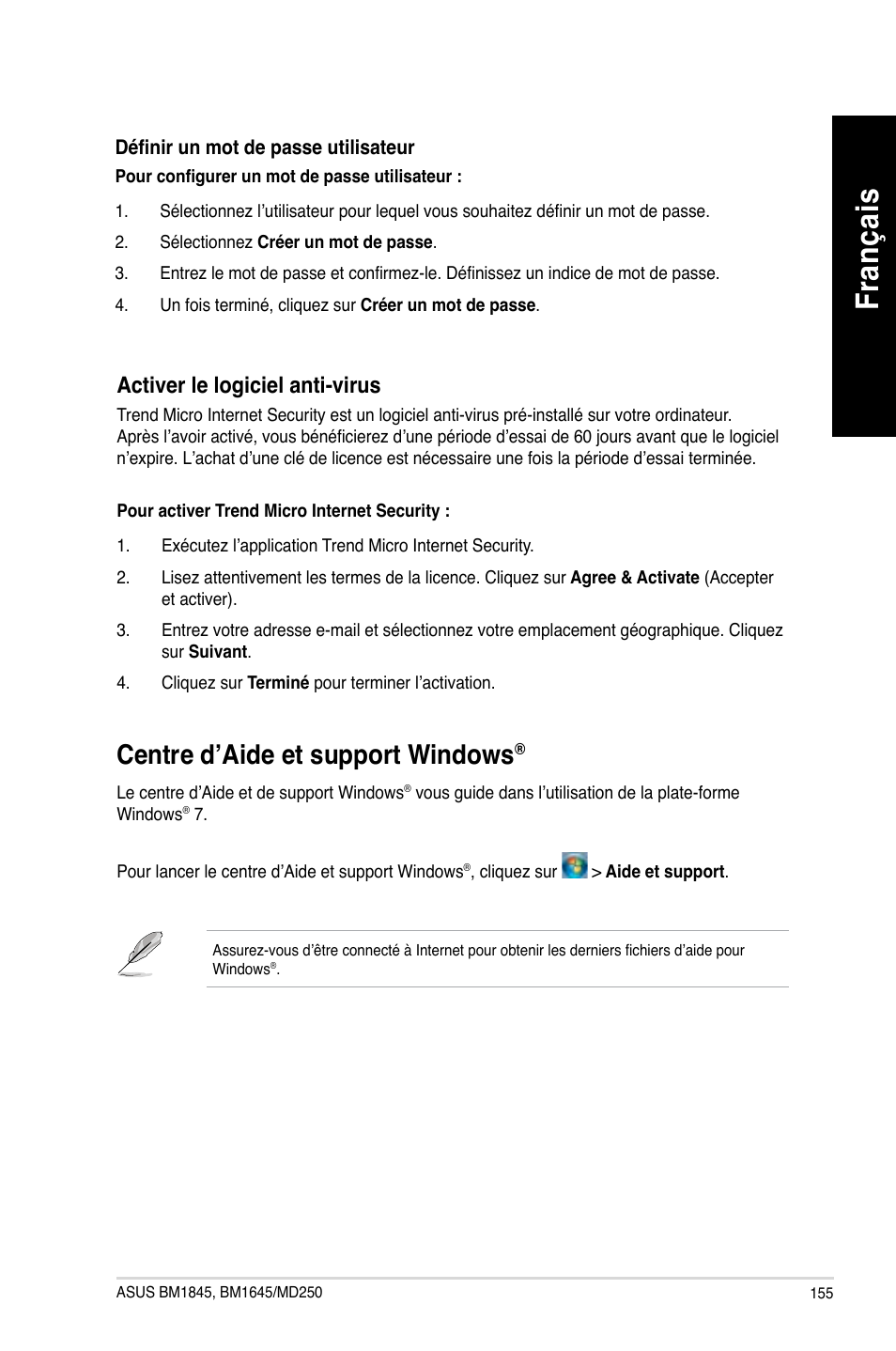 Centre d’aide et support windows, Fra nç ais fr an ça is | Asus BM1845 User Manual | Page 157 / 644