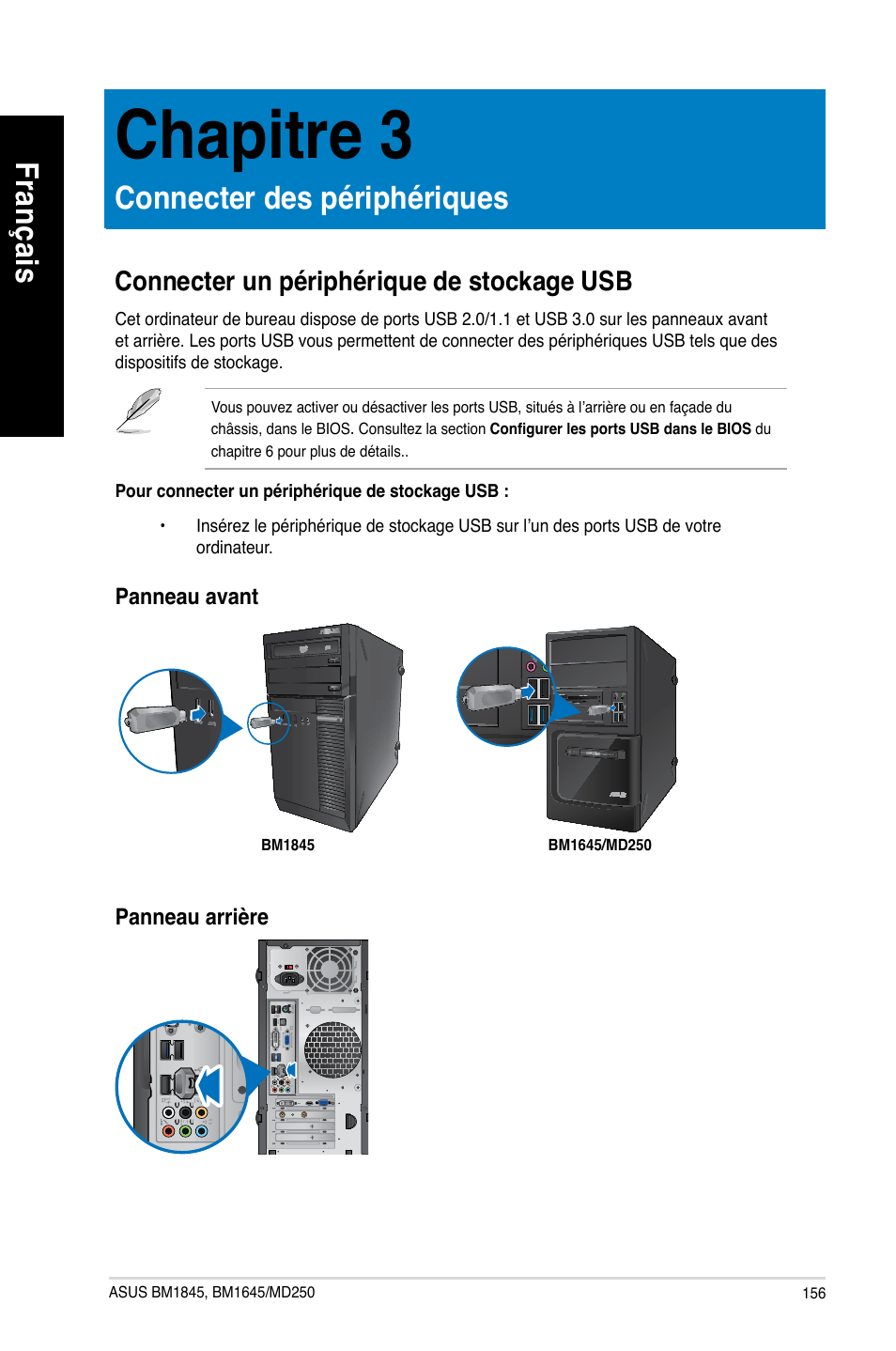 Chapitre 3, Connecter des périphériques, Connecter un périphérique de stockage usb | Fra nç ais fr an ça is | Asus BM1845 User Manual | Page 158 / 644