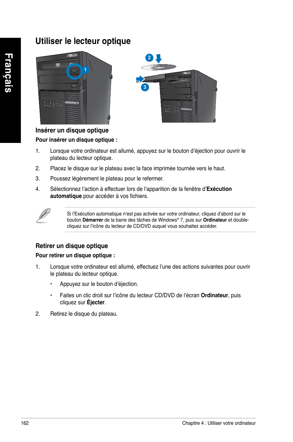 Utiliser le lecteur optique, Fra nç ais fr an ça is fra nç ais fr an ça is | Asus BM1845 User Manual | Page 164 / 644