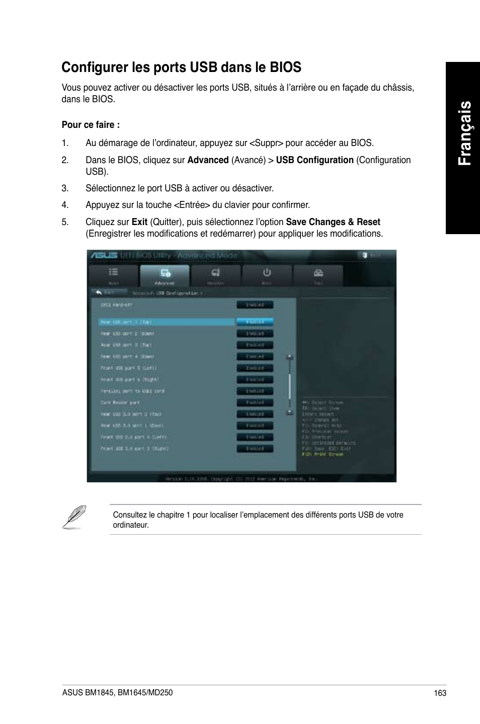 Configurer les ports usb dans le bios, Fra nç ais fr an ça is | Asus BM1845 User Manual | Page 165 / 644