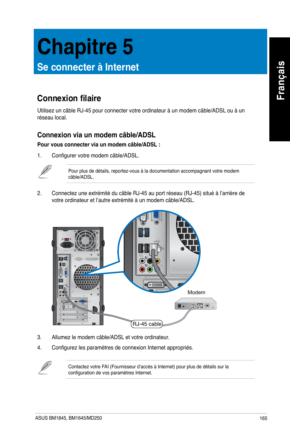 Chapitre 5, Se connecter à internet, Connexion filaire | Fra nç ais fr an ça is | Asus BM1845 User Manual | Page 167 / 644