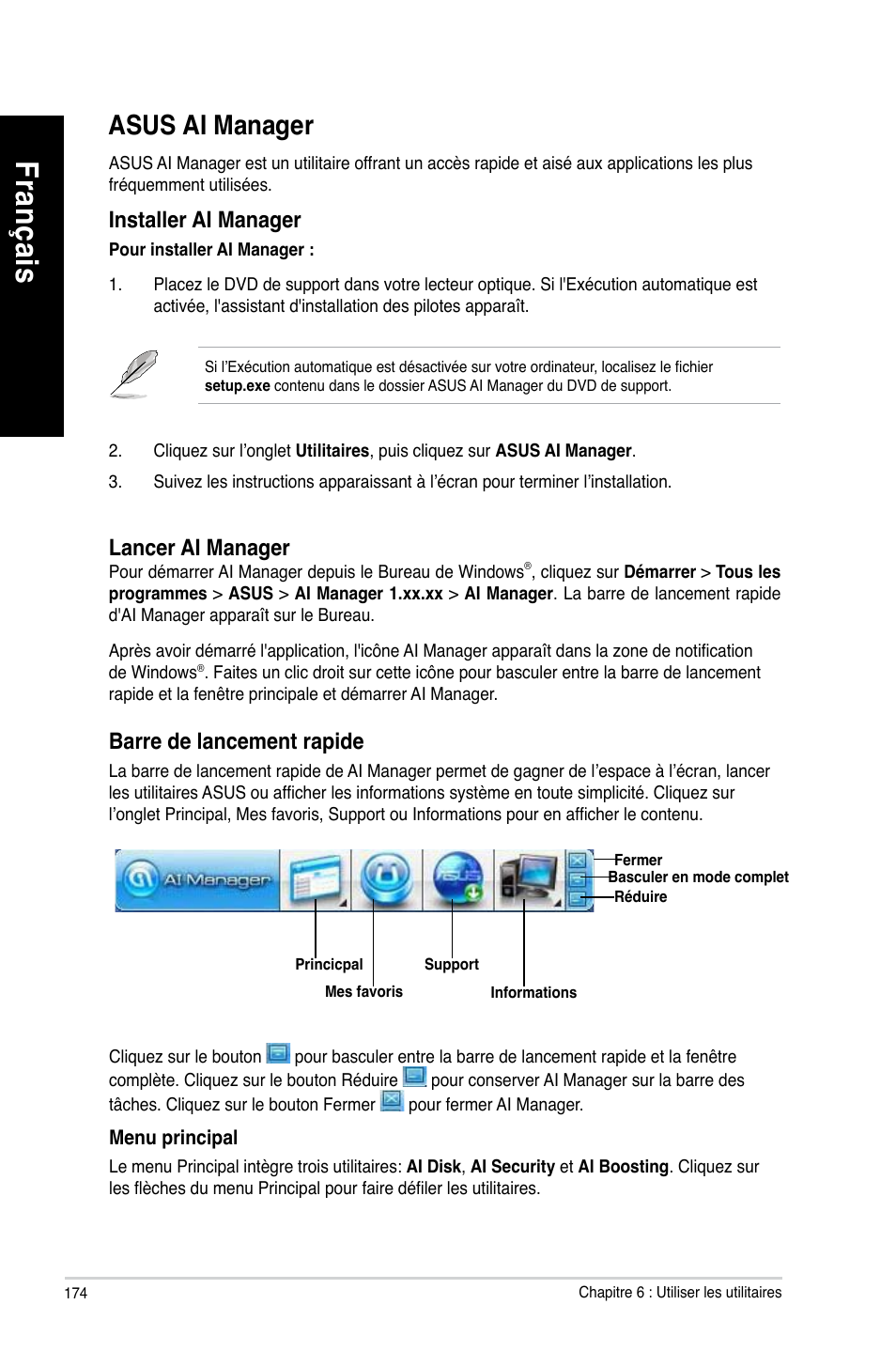 Asus ai manager, Asus ai manager �4, Fra nç ais fr an ça is fra nç ais fr an ça is | Asus BM1845 User Manual | Page 176 / 644