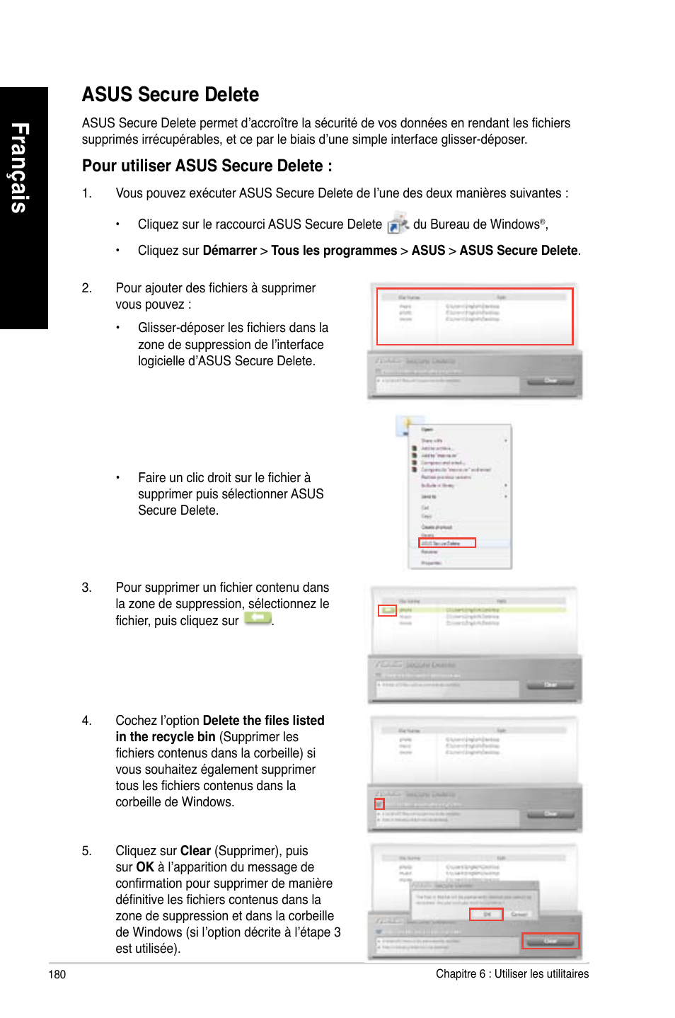 Asus secure delete, Fra nç ais fr an ça is fra nç ais fr an ça is | Asus BM1845 User Manual | Page 182 / 644