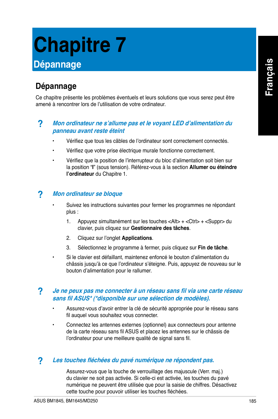 Chapitre 7, Dépannage, Fra nç ais fr an ça is | Asus BM1845 User Manual | Page 187 / 644