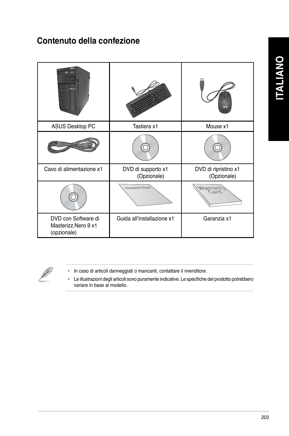 Contenuto della confezione, Ita lia no it al ia no ita lia no it al ia no | Asus BM1845 User Manual | Page 205 / 644