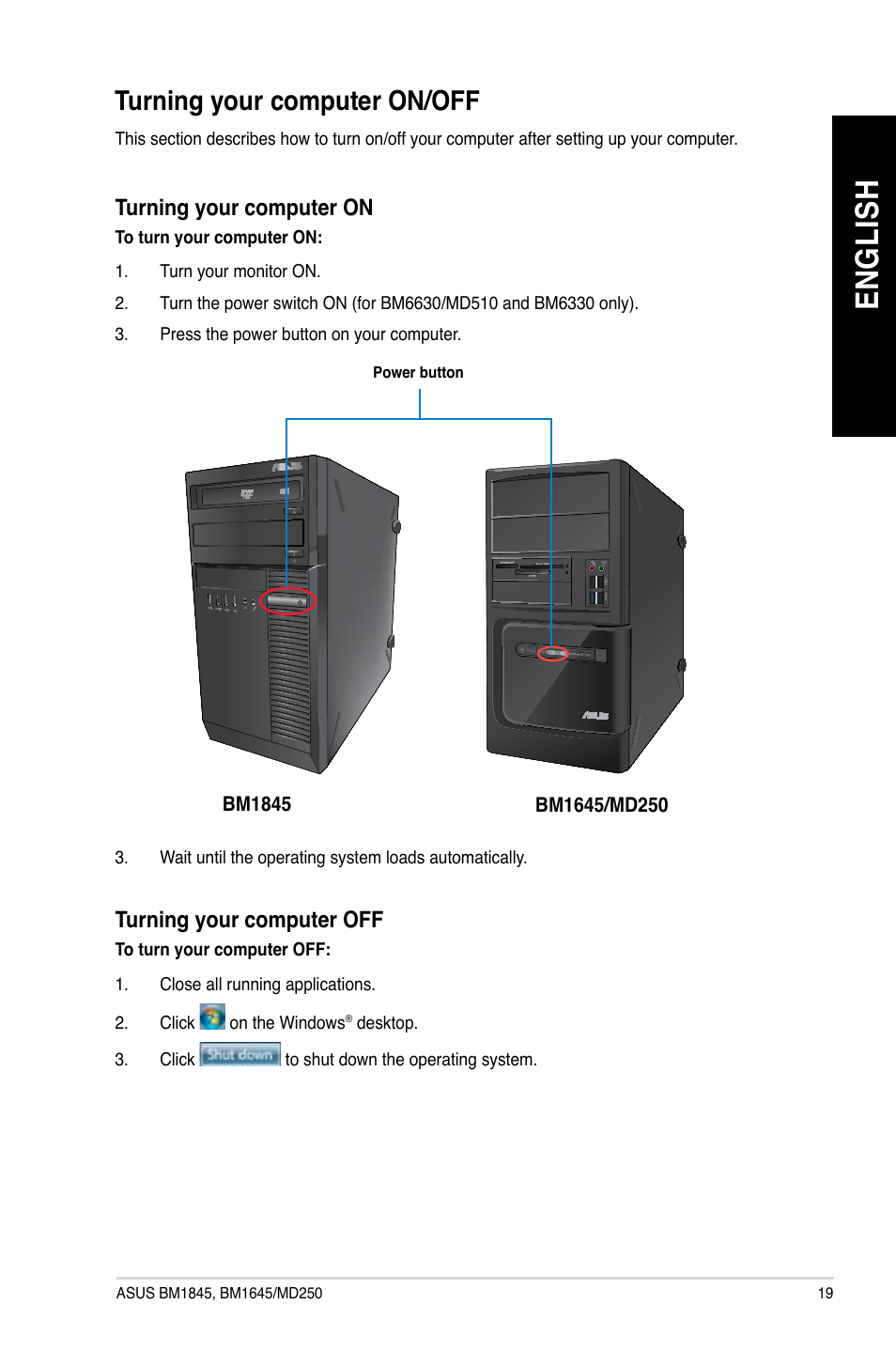 Turning your computer on/off, En gl is h en gl is h | Asus BM1845 User Manual | Page 21 / 644