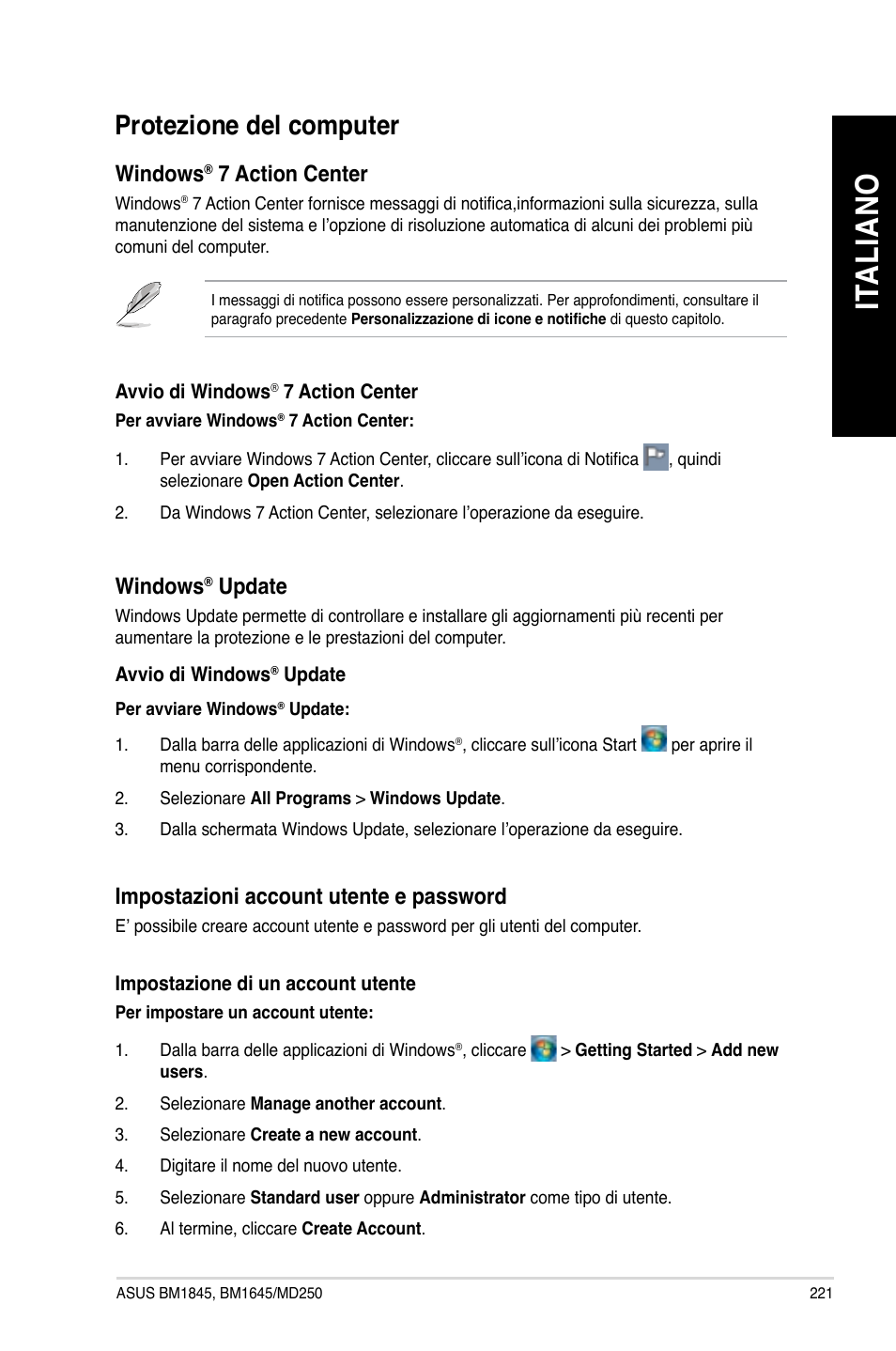 Protezione del computer, Ita lia no it al ia no | Asus BM1845 User Manual | Page 223 / 644