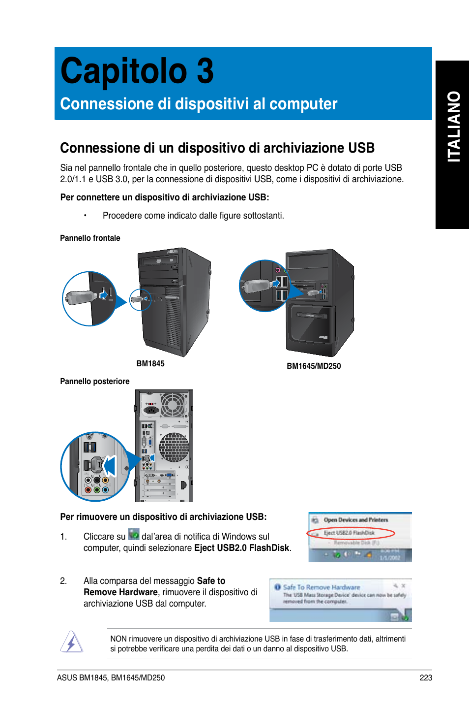 Capitolo 3, Connessione di dispositivi al computer, Connessione di un dispositivo di archiviazione usb | Ita lia no it al ia no | Asus BM1845 User Manual | Page 225 / 644