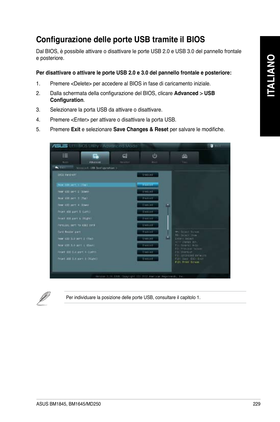 Configurazione delle porte usb tramite il bios, Ita lia no it al ia no | Asus BM1845 User Manual | Page 231 / 644