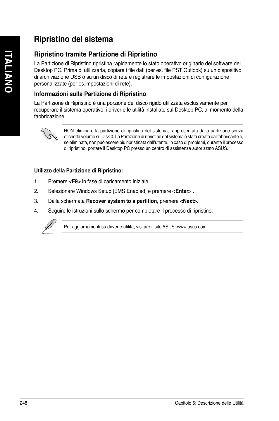 Ripristino del sistema, Ita lia no it al ia no ita lia no it al ia no | Asus BM1845 User Manual | Page 250 / 644