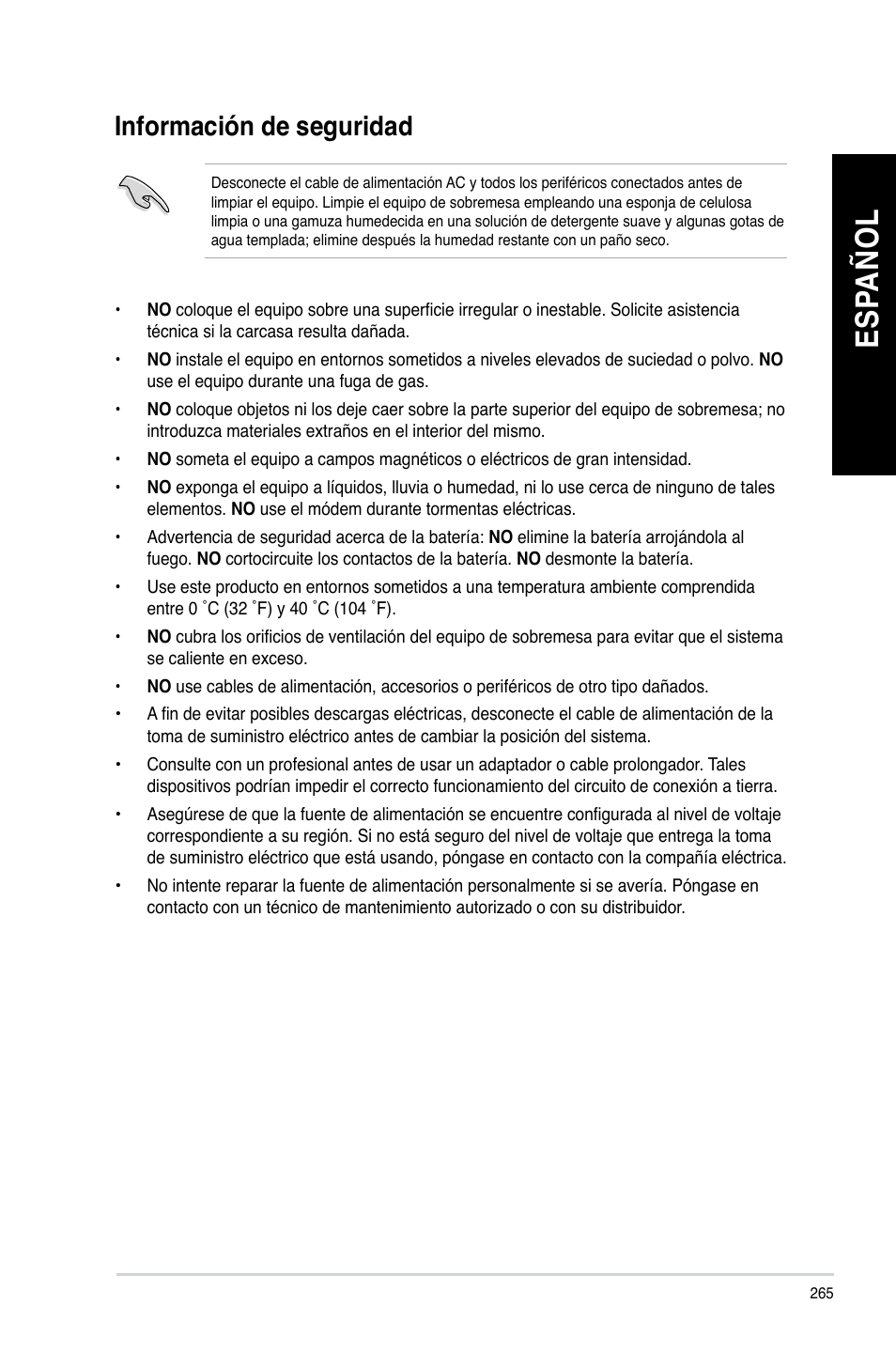 Información de seguridad, Es pa ño l es pa ño l es pa ño l es pa ño l | Asus BM1845 User Manual | Page 267 / 644