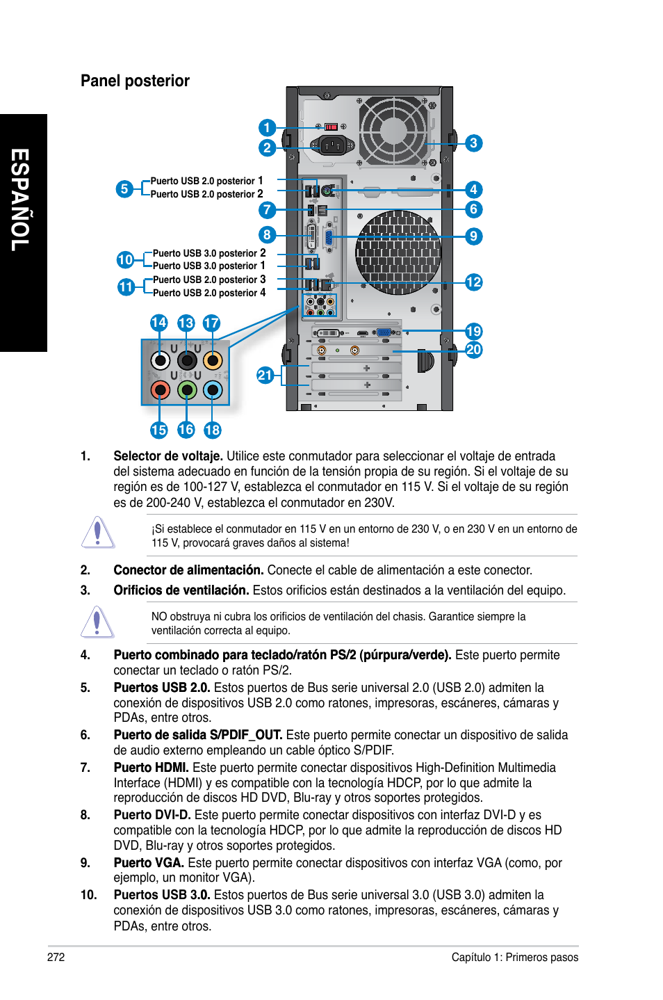 Es pa ño l es pa ño l es pa ño l es pa ño l, Panel posterior | Asus BM1845 User Manual | Page 274 / 644