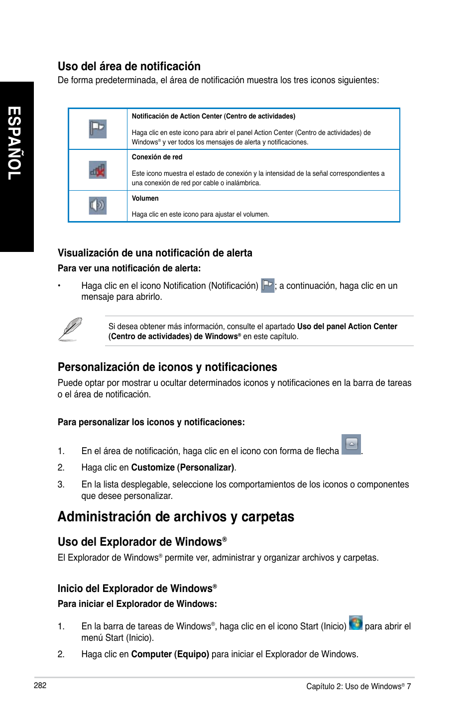 Administración de archivos y carpetas, Es pa ño l es pa ño l es pa ño l es pa ño l | Asus BM1845 User Manual | Page 284 / 644