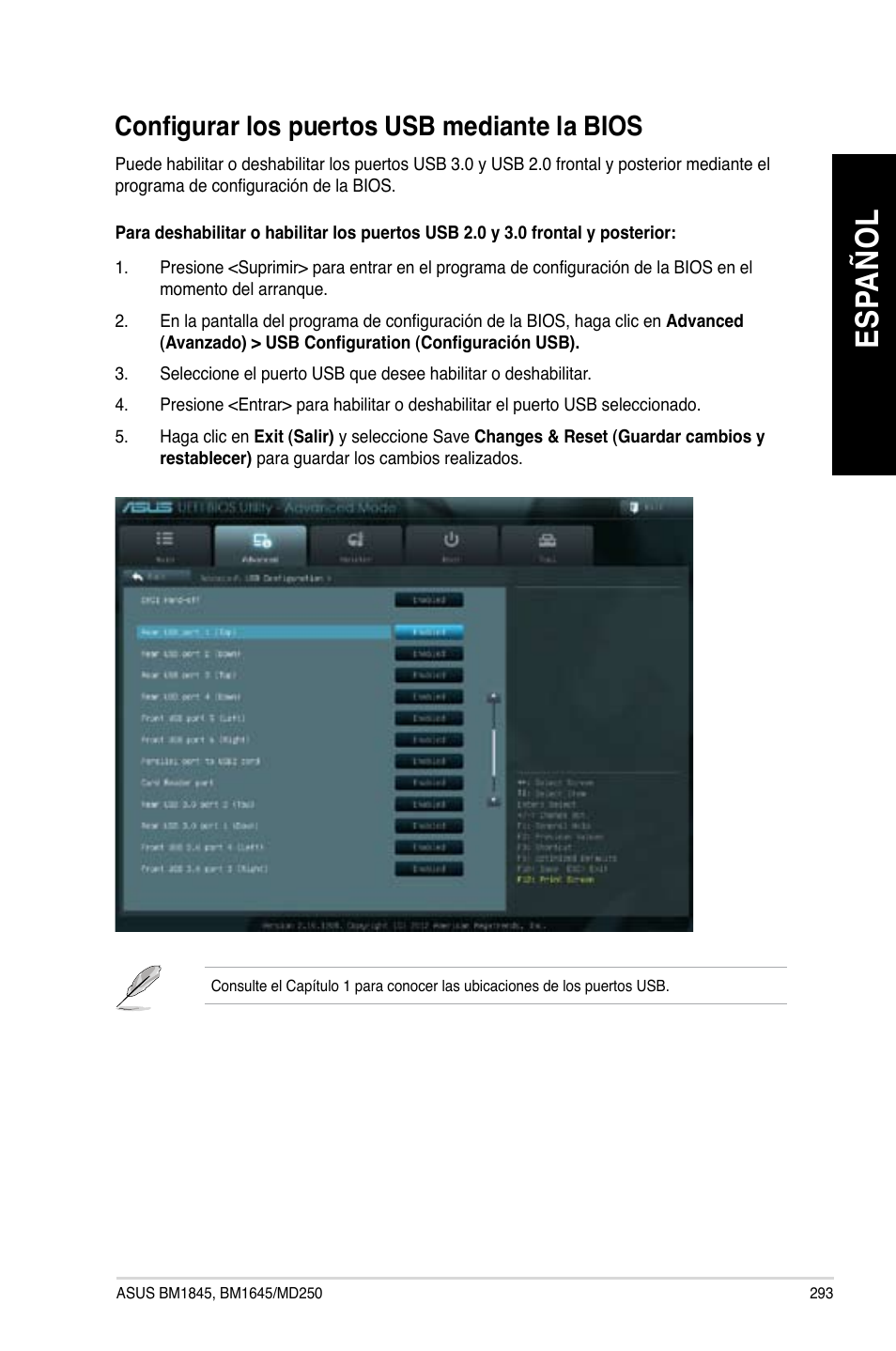 Configurar los puertos usb mediante la bios, Es pa ño l es pa ño l | Asus BM1845 User Manual | Page 295 / 644