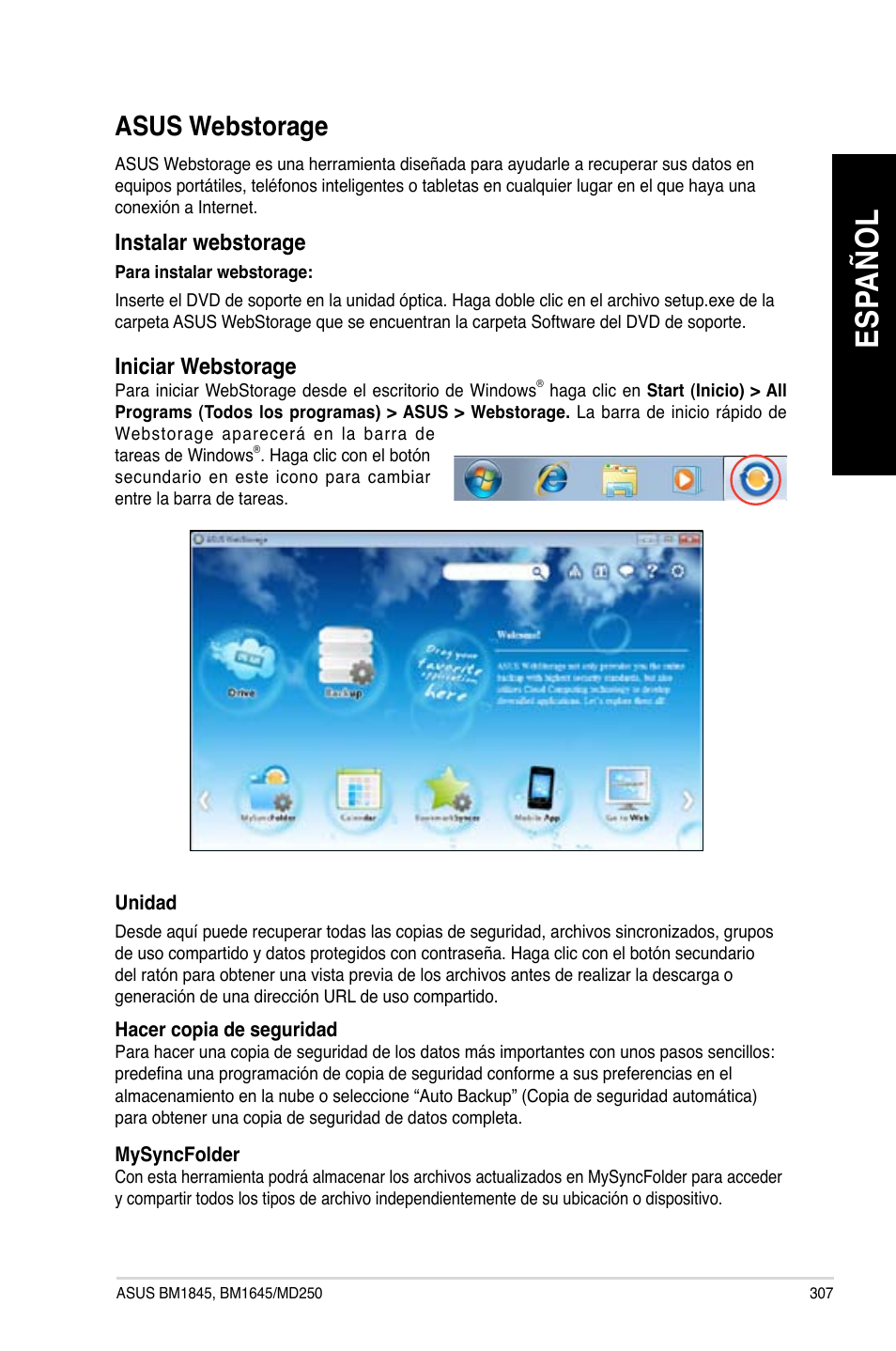 Asus webstorage, Es pa ño l es pa ño l | Asus BM1845 User Manual | Page 309 / 644