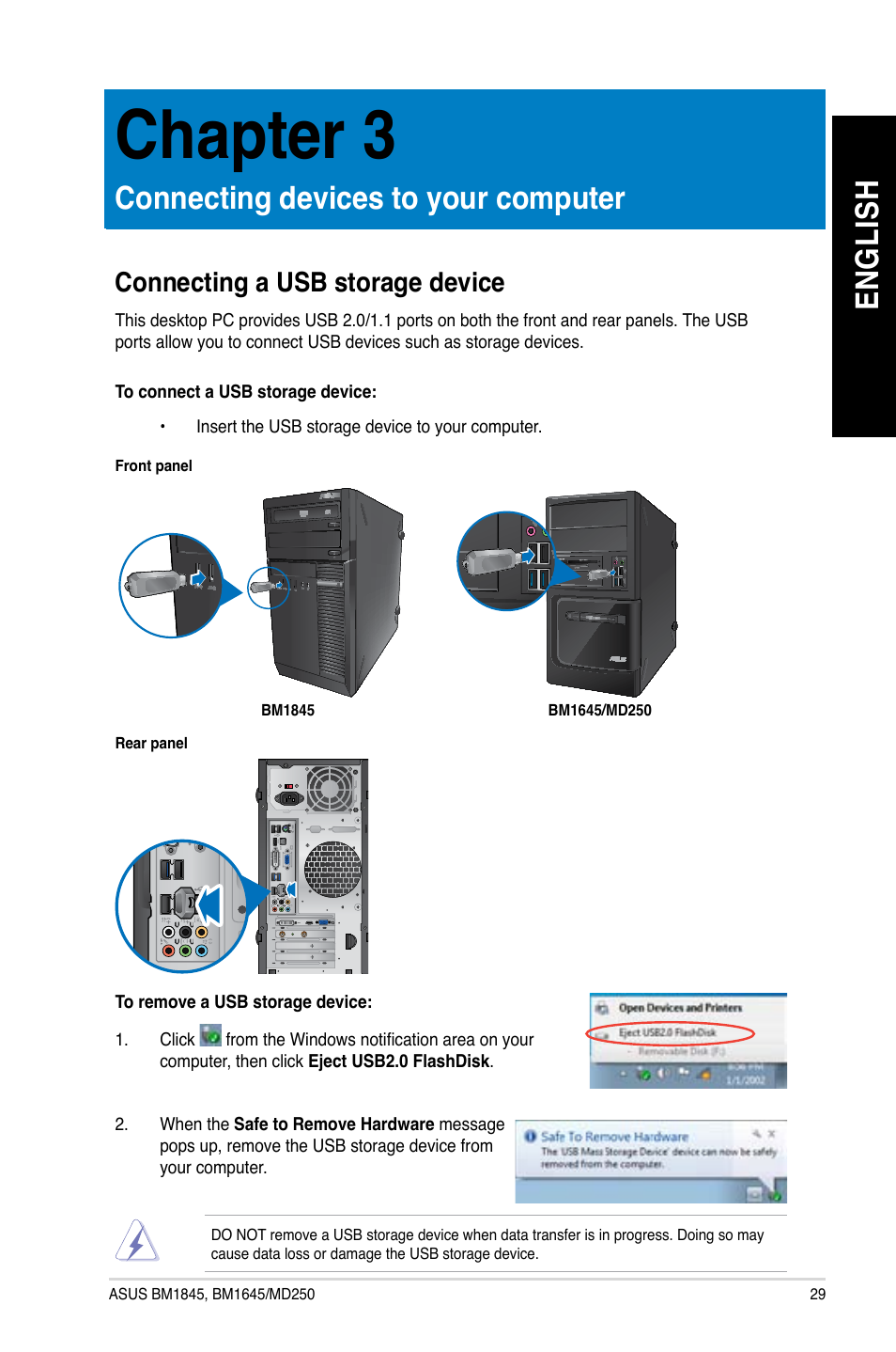 Chapter 3, Connecting devices to your computer, Connecting a usb storage device | Chapter.3, Connecting.devices.to.your.computer, En gl is h en gl is h | Asus BM1845 User Manual | Page 31 / 644
