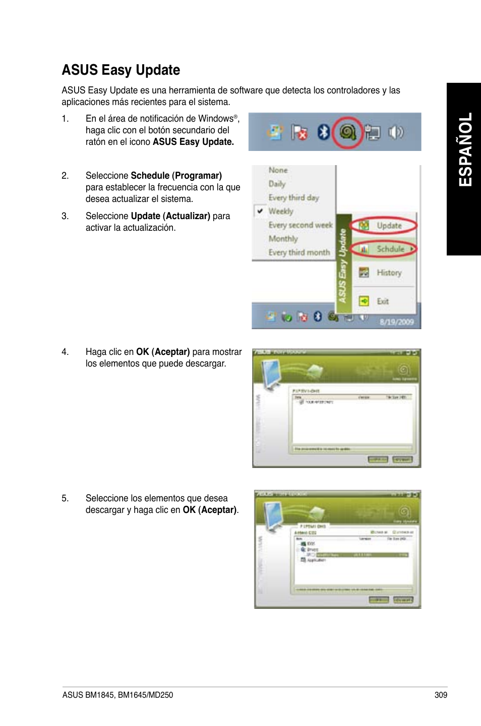 Asus easy update, Es pa ño l es pa ño l | Asus BM1845 User Manual | Page 311 / 644