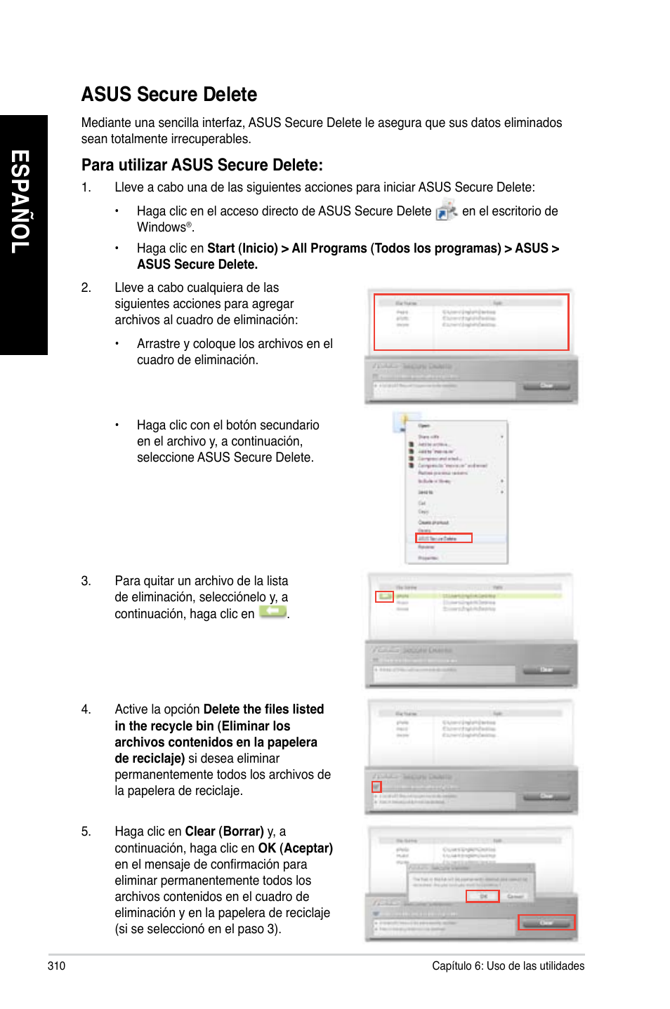 Asus secure delete, Es pa ño l es pa ño l es pa ño l es pa ño l | Asus BM1845 User Manual | Page 312 / 644